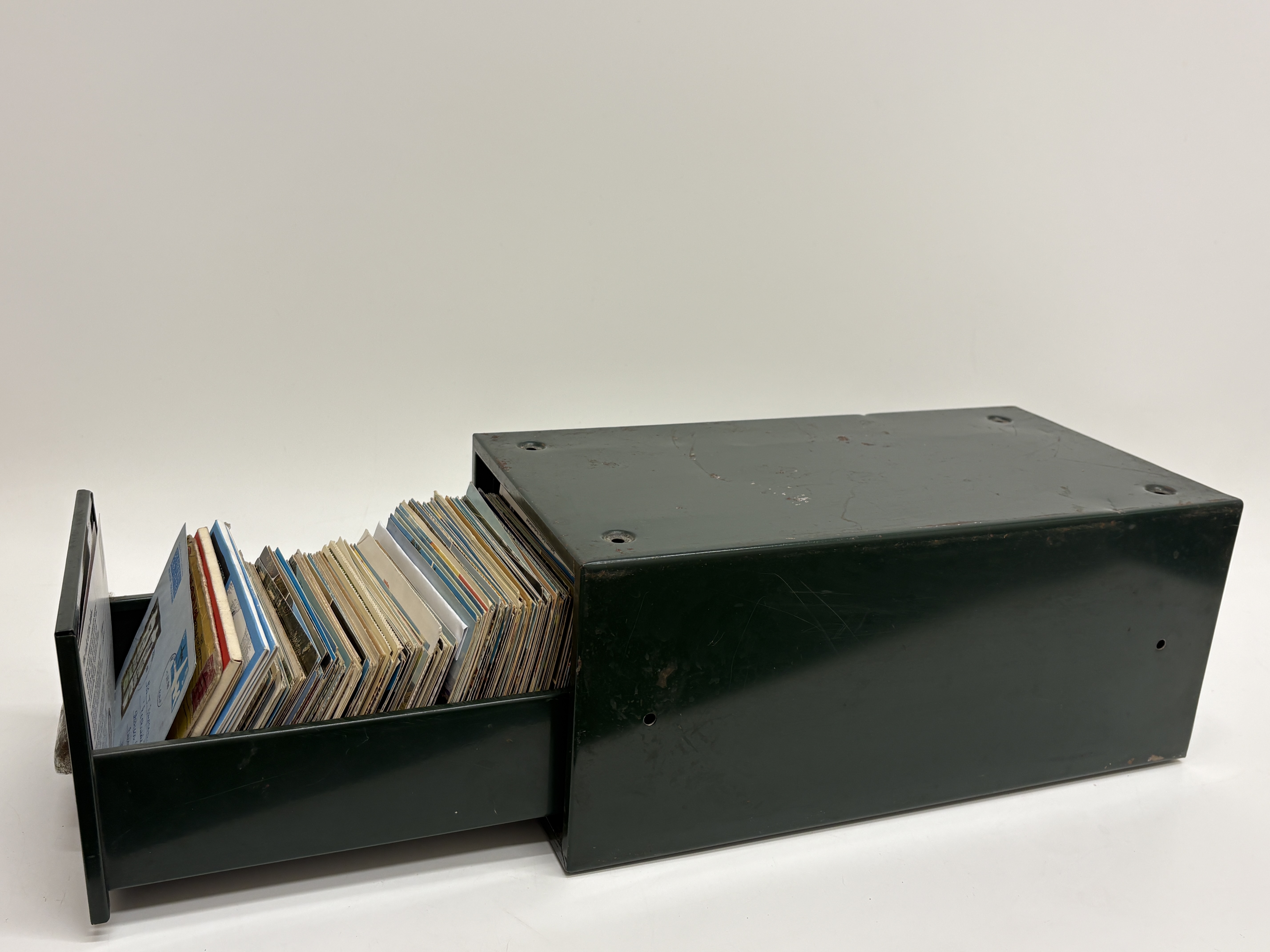A Collection of Mid-20th Century Postcards and Postal Ephemera in a Green Metal Index Drawer