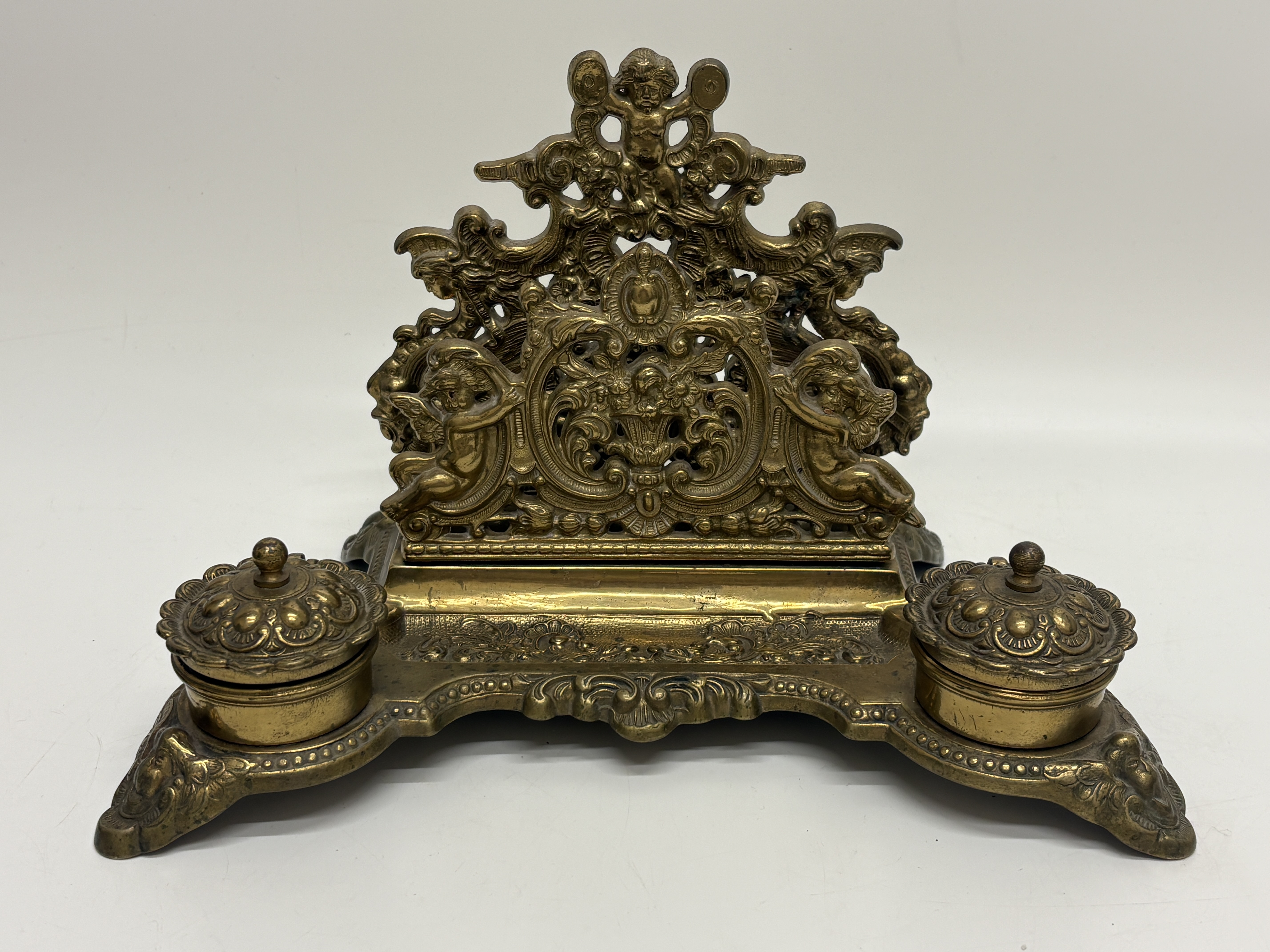 Victorian Rococo Revival Cast Brass Inkstand and Letter Rack