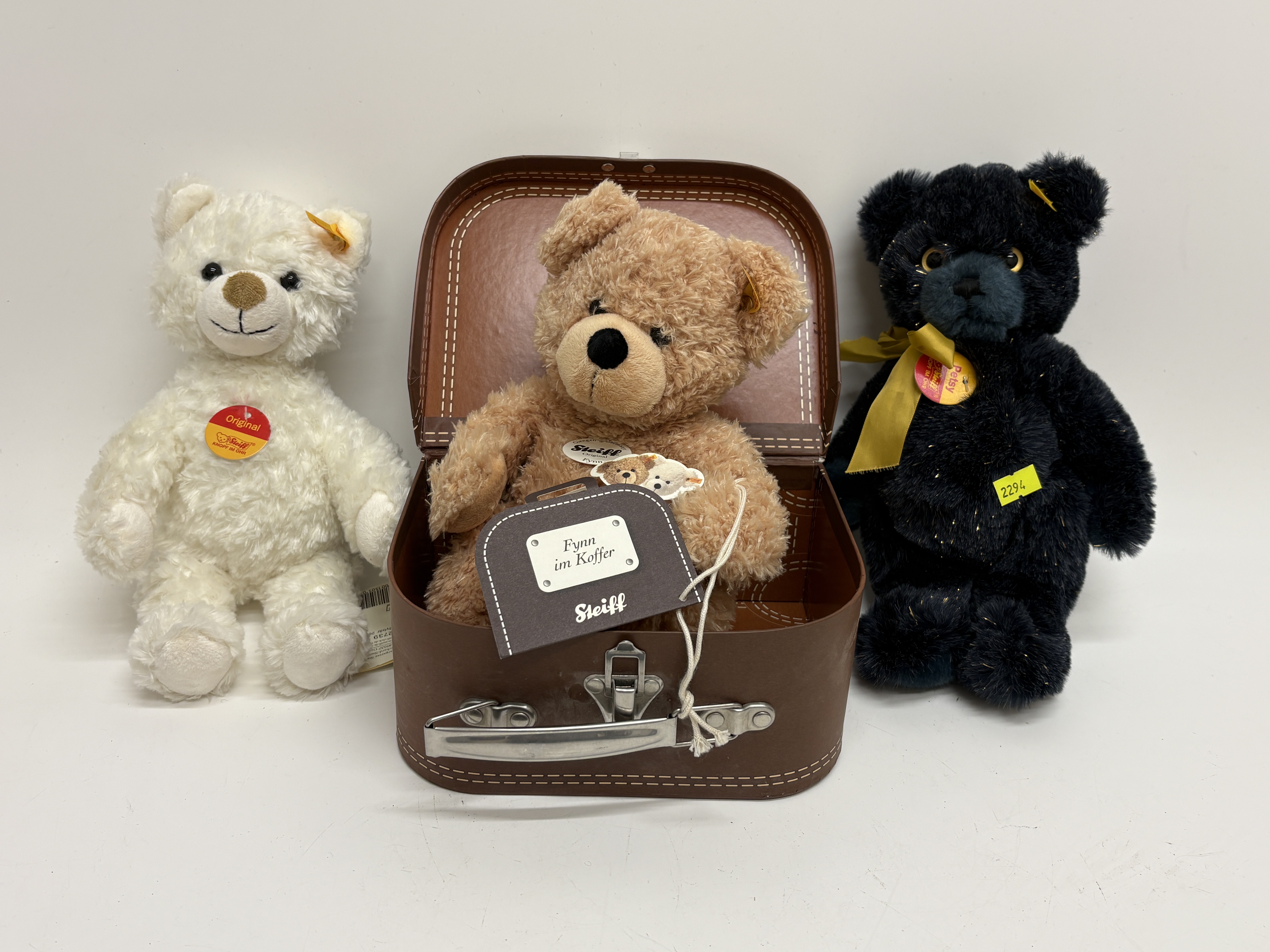 Three Steiff Contemporary Plush Teddy Bears including Fynn in Suitcase and Petsy
