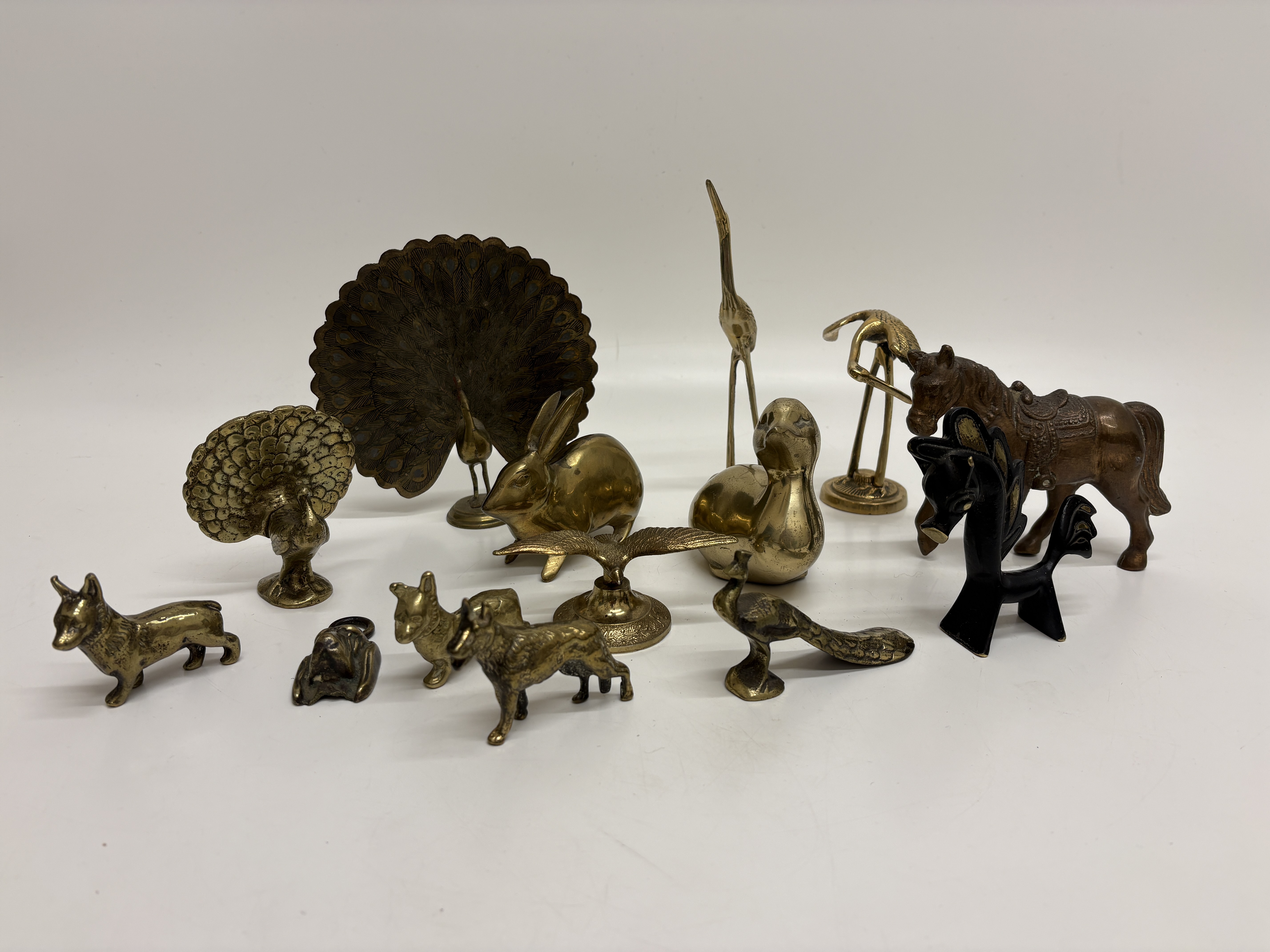 A Collection of Fourteen Vintage Brass and Metal Animal and Bird Figurines