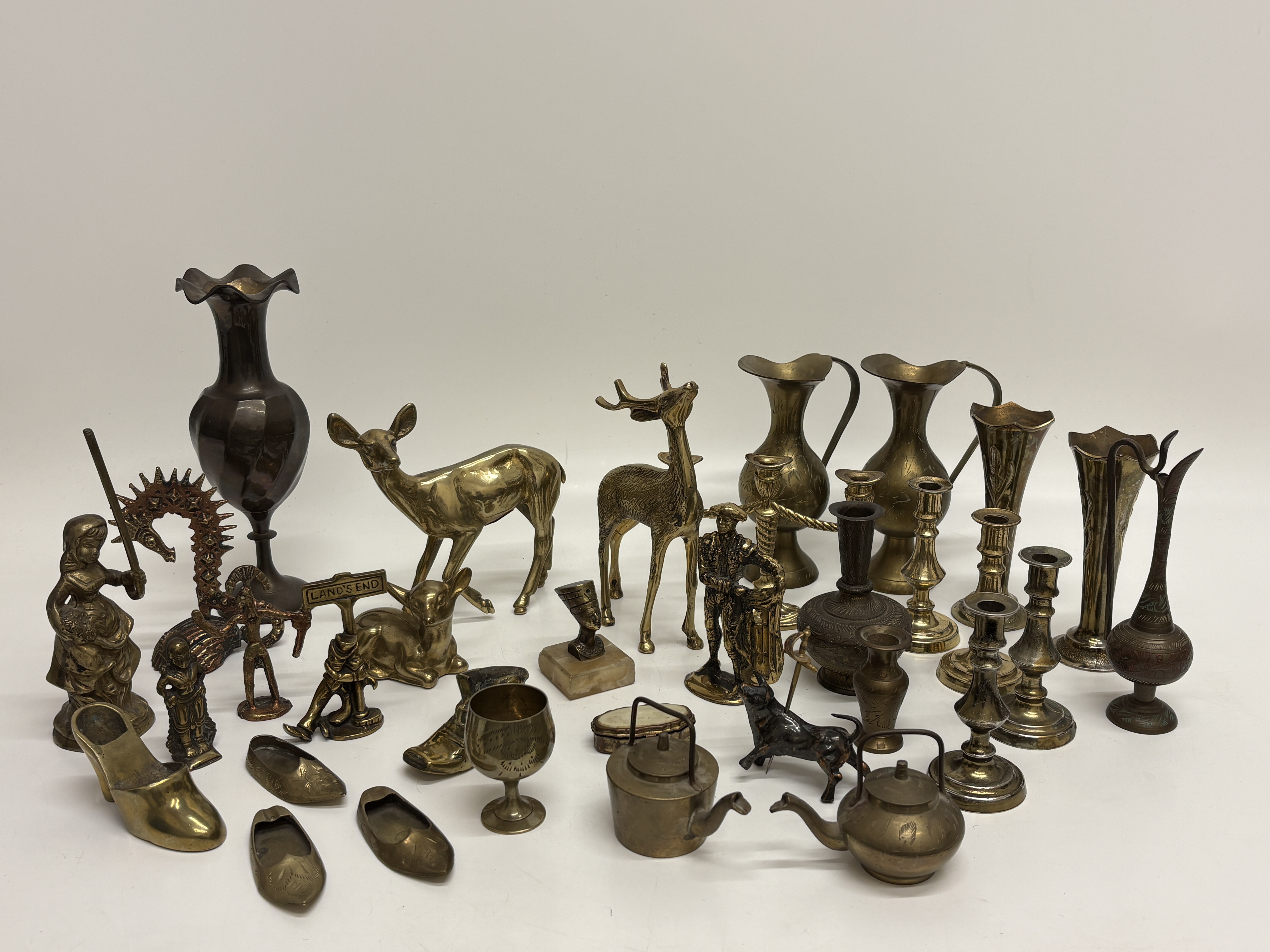 A Collection of Vintage Brass and Decorative Metalware including Figurines, Vessels and Lighting