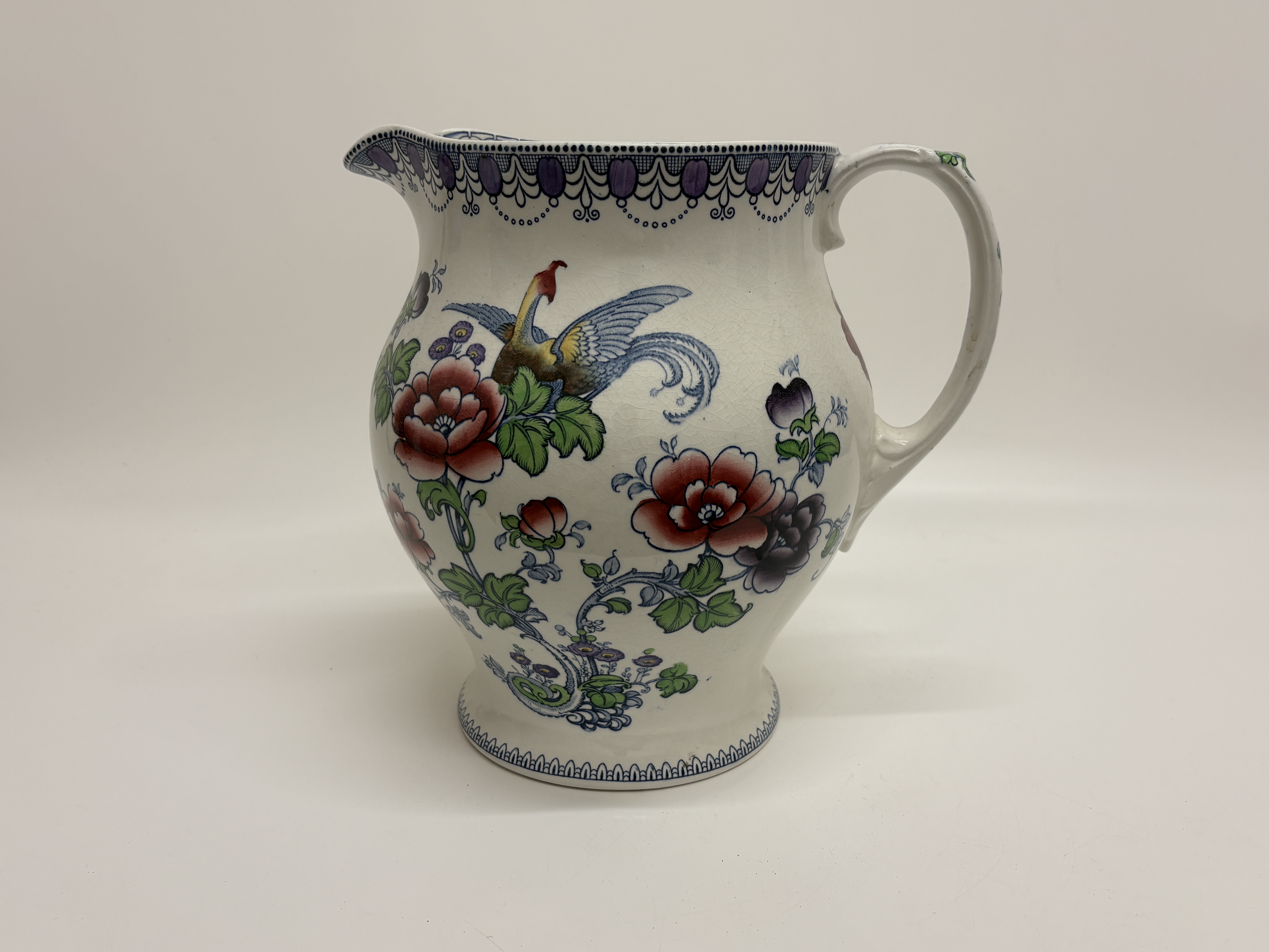 Maling Pottery Earthenware Bird and Peony Pattern Jug Pattern Number 3305 26cm high