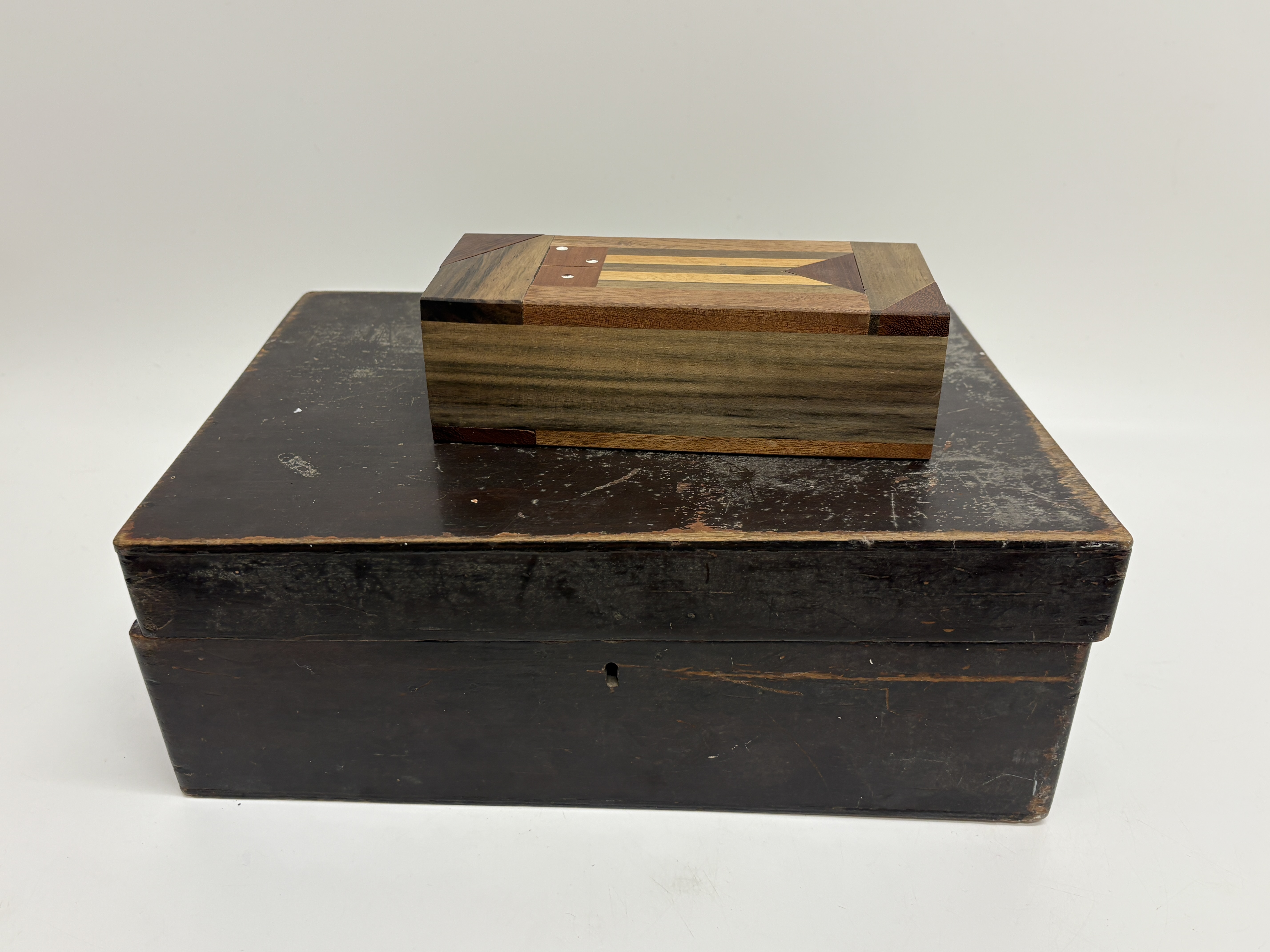 Two Antique and Vintage Wooden Boxes including a Parquetry Inlaid Domino Case