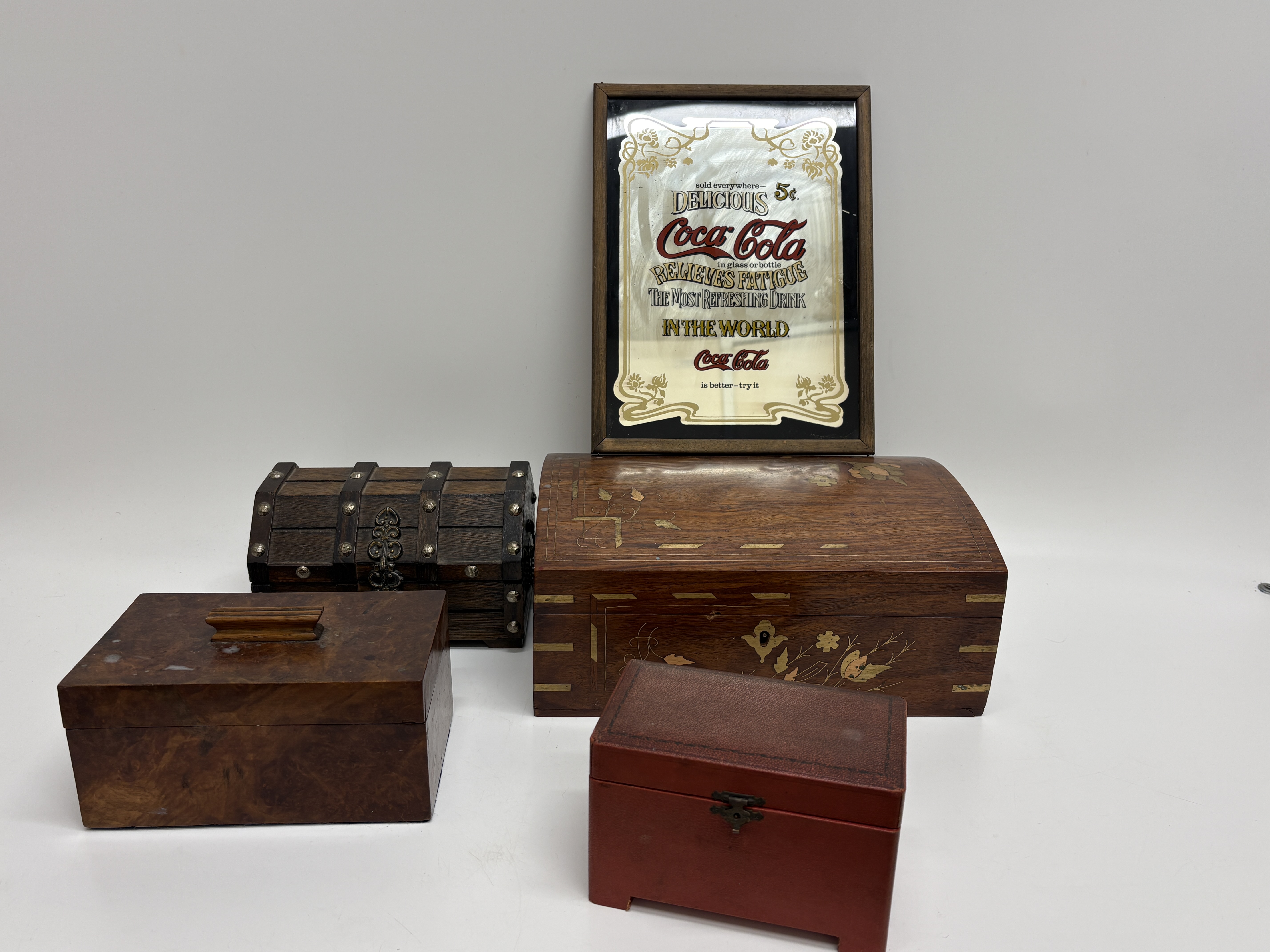 An Assortment of Decorative Jewellery Boxes and a Coca-Cola Advertising Mirror