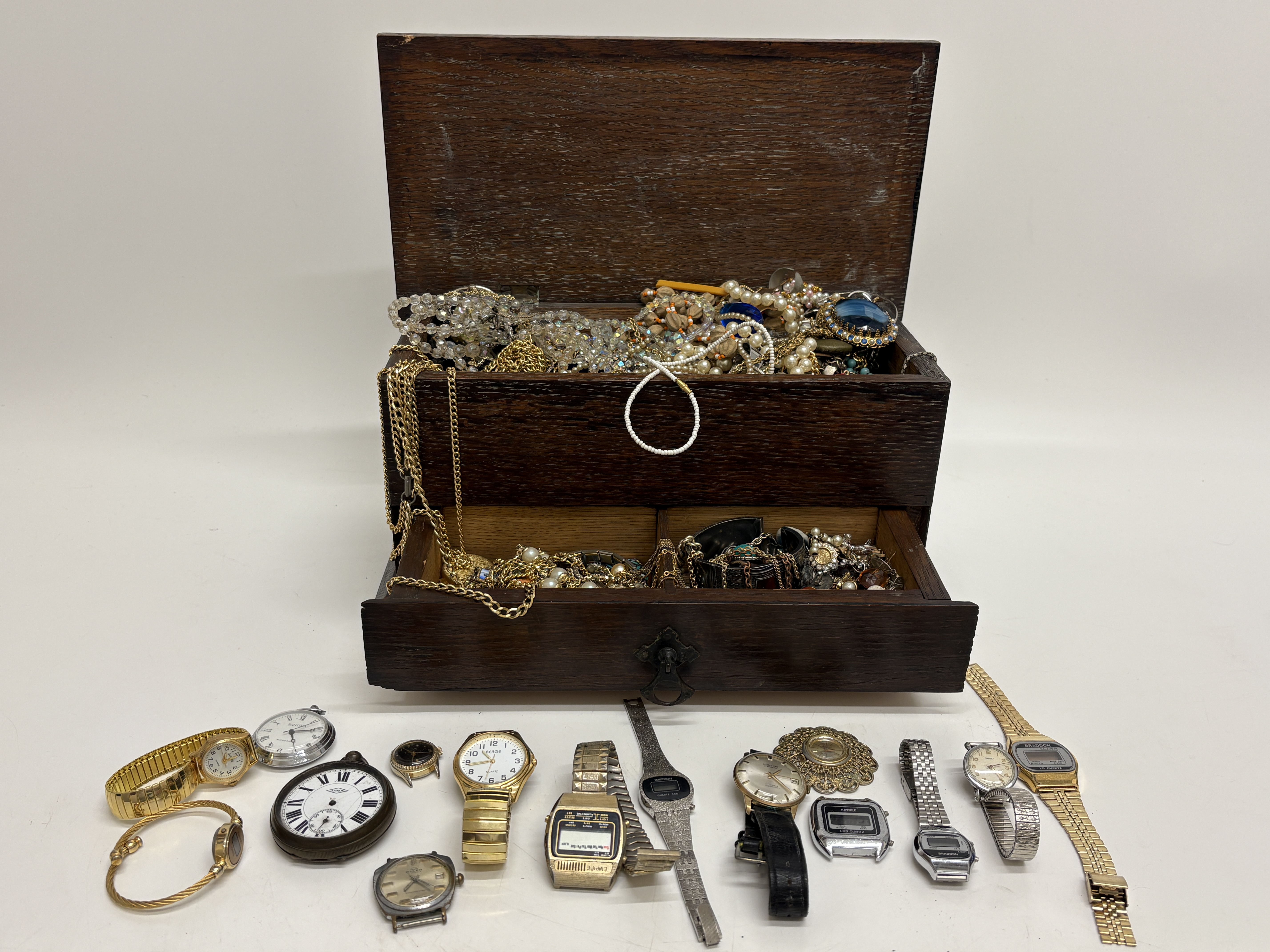 A Wooden Jewellery Box Containing a Collection of Vintage and Modern Watches and Costume Jewellery