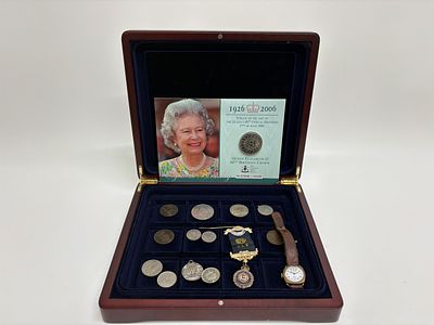 A Collection of Coins, Fraternal Medal watch etc in a Wooden Coin box