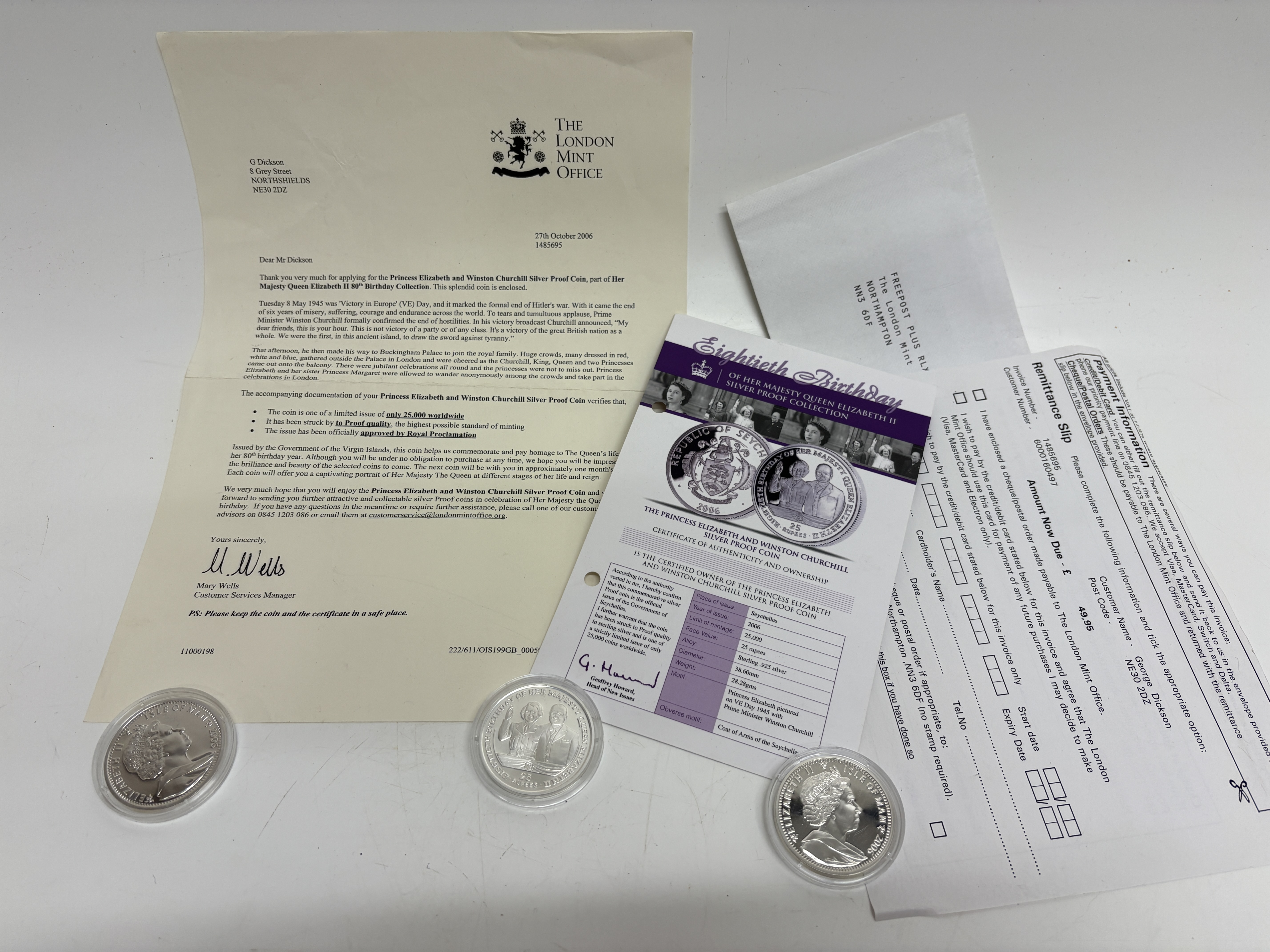 A Collection of three 2006 Queen Elizabeth Silver Proof Coins, Ephemera and Jewellery each circa 28g