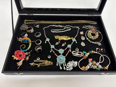 An Assortment of Costume Jewellery including Brooches, Rings, and a Charm Bracelet. A collection 