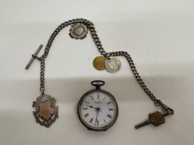 A Silver Pocket Watch and Albert Chain with Fobs Chaiun & Fobs 34.1g Gross total weight 78g 