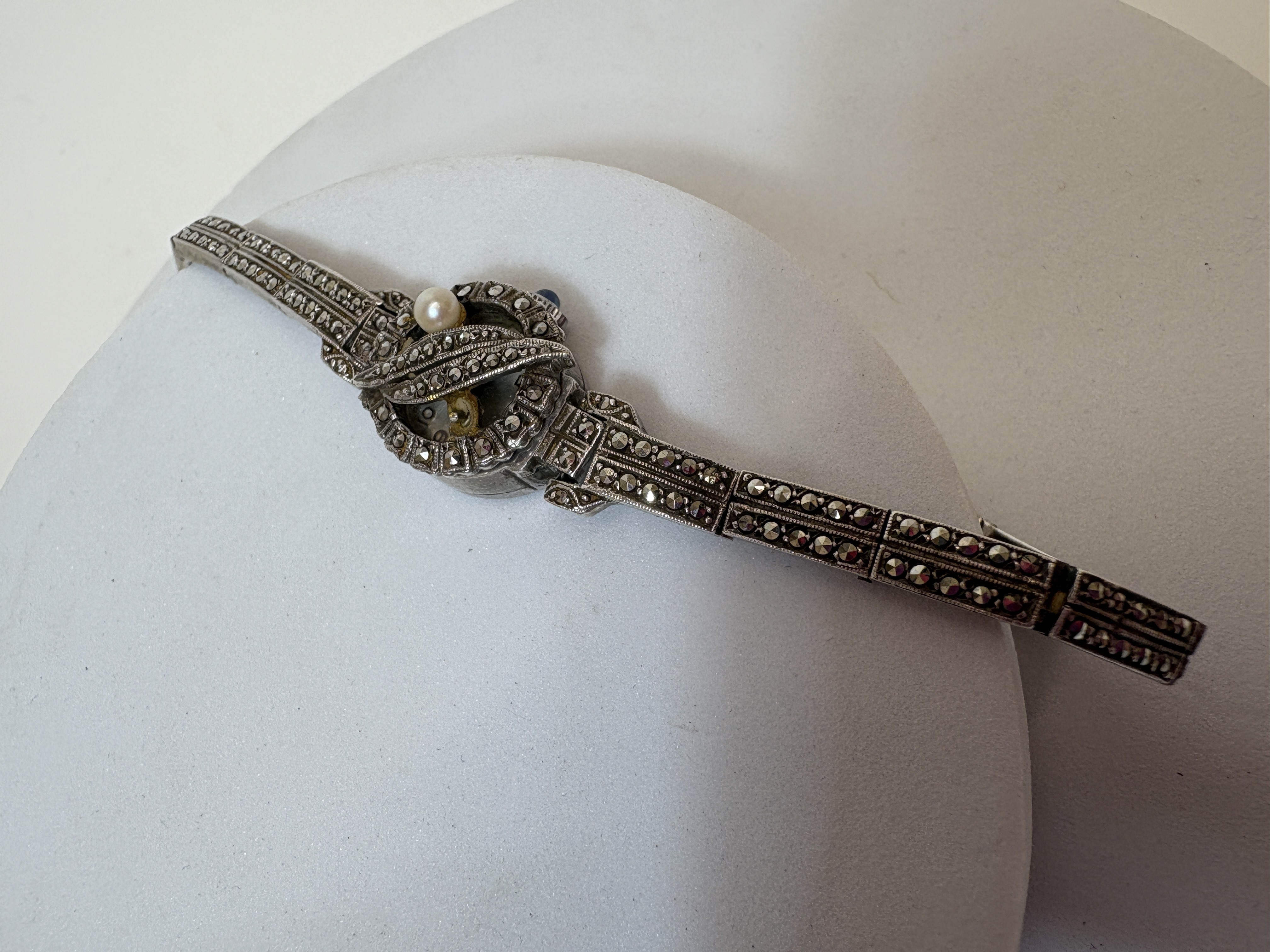 A lady's sterling silver and marcasite secret Rotary wristwatch gross 22.59g