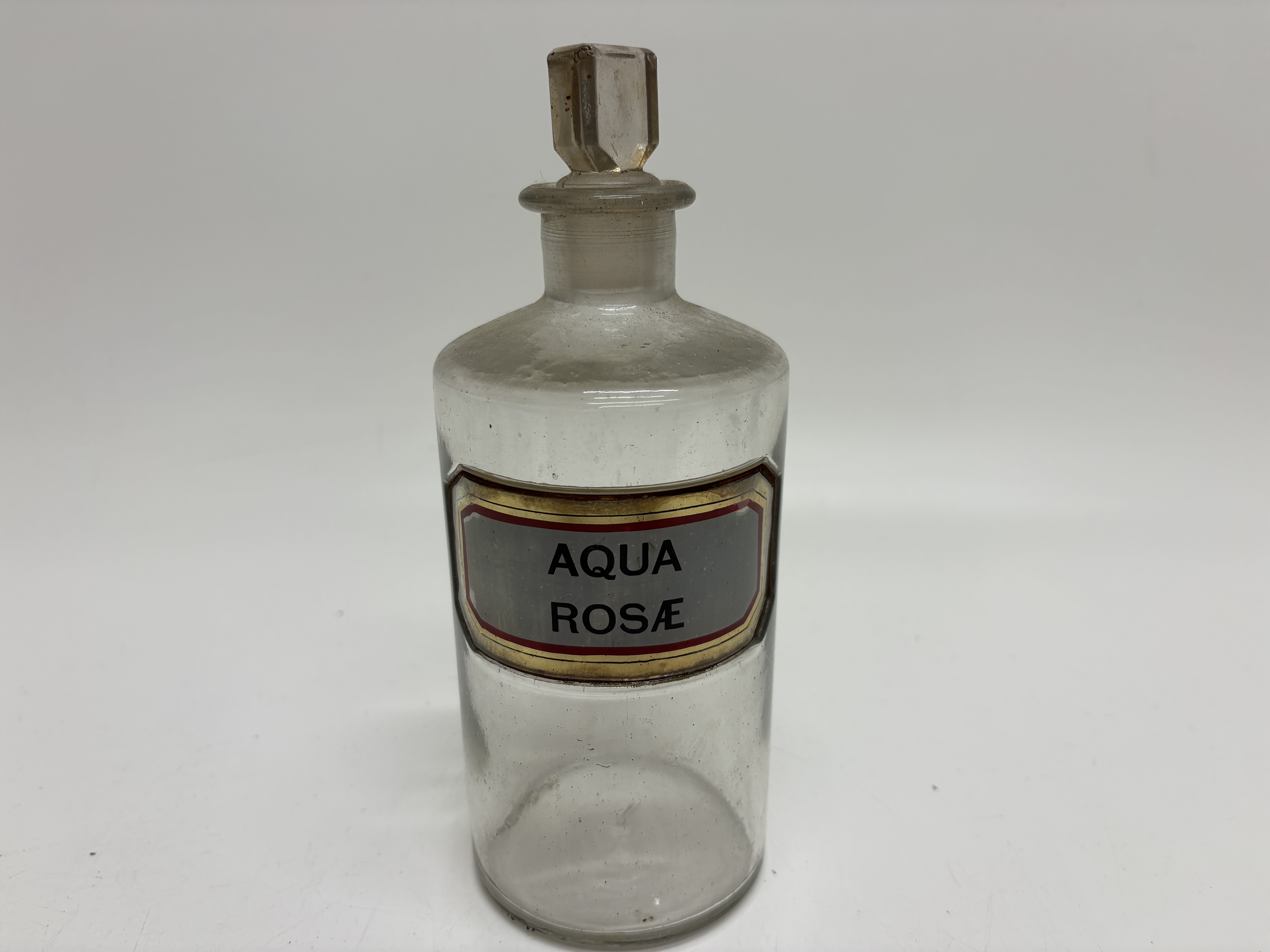 Antique Clear Glass Apothecary Shop Round with Recessed Aqua Rosæ Glass Label
