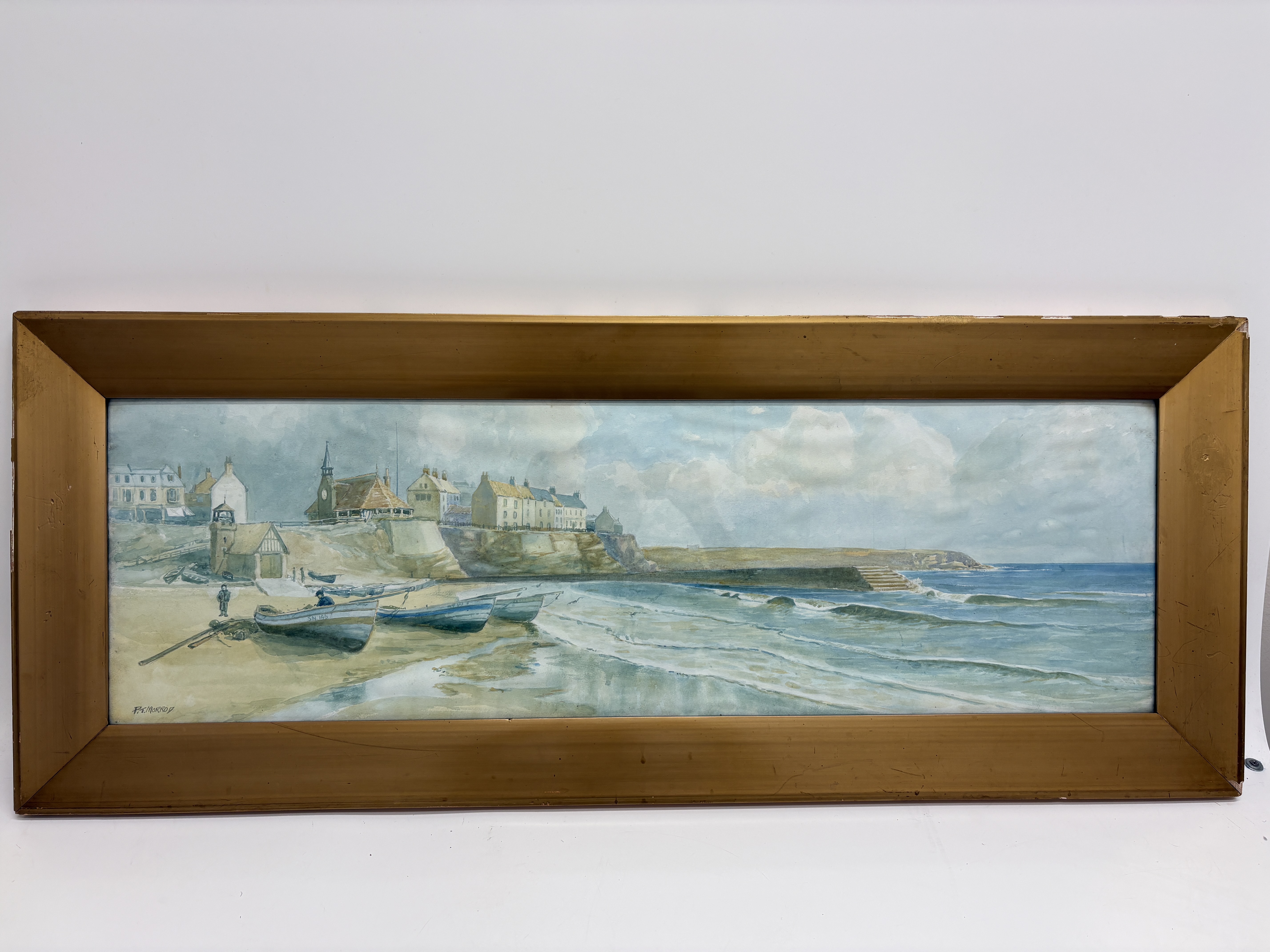 P.T. Morrod, Panoramic Coastal Scene with Fishing Boats 105x42cm