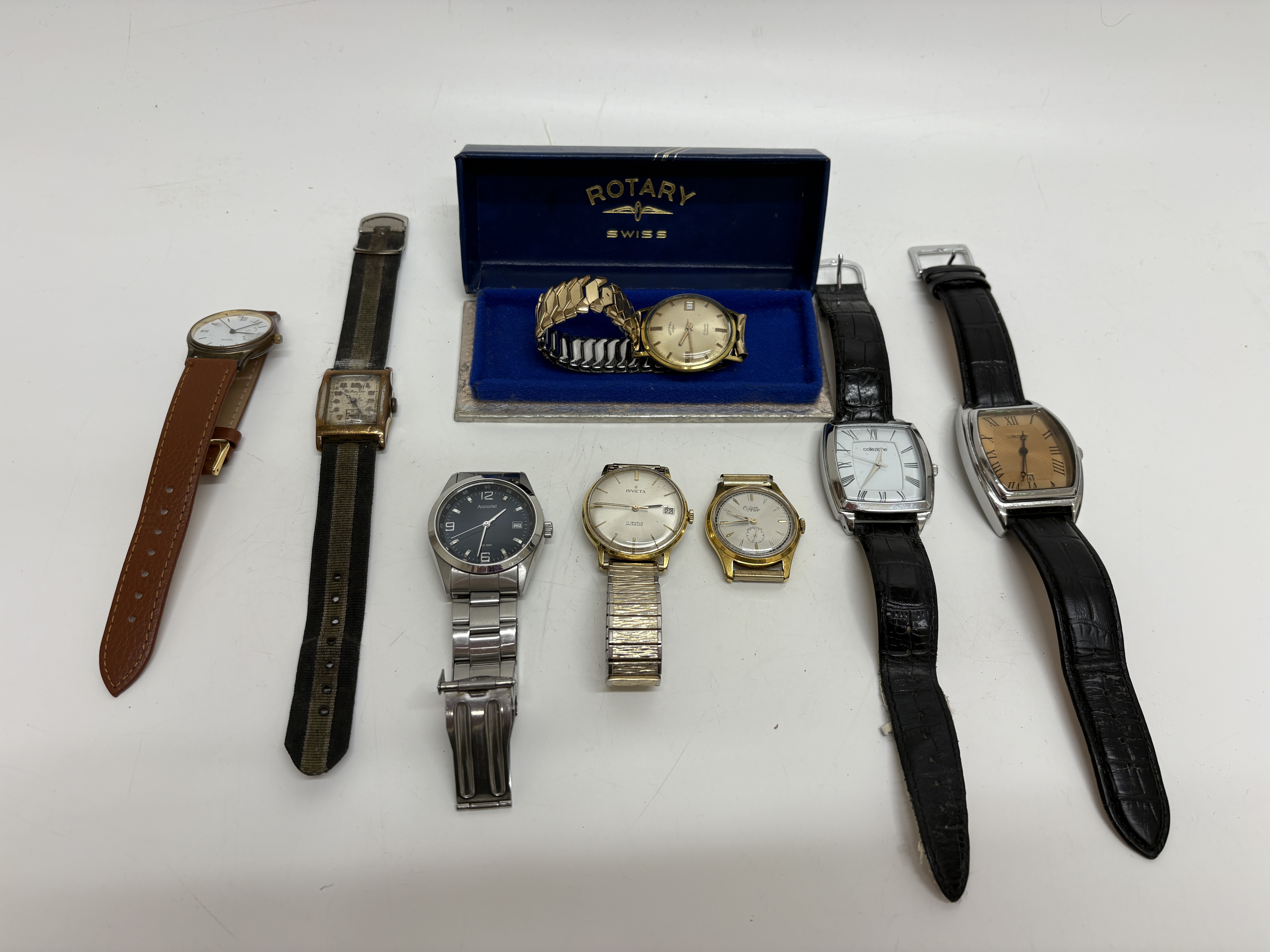 An assortment of eight vintage and modern wristwatches including Rotary and Invicta