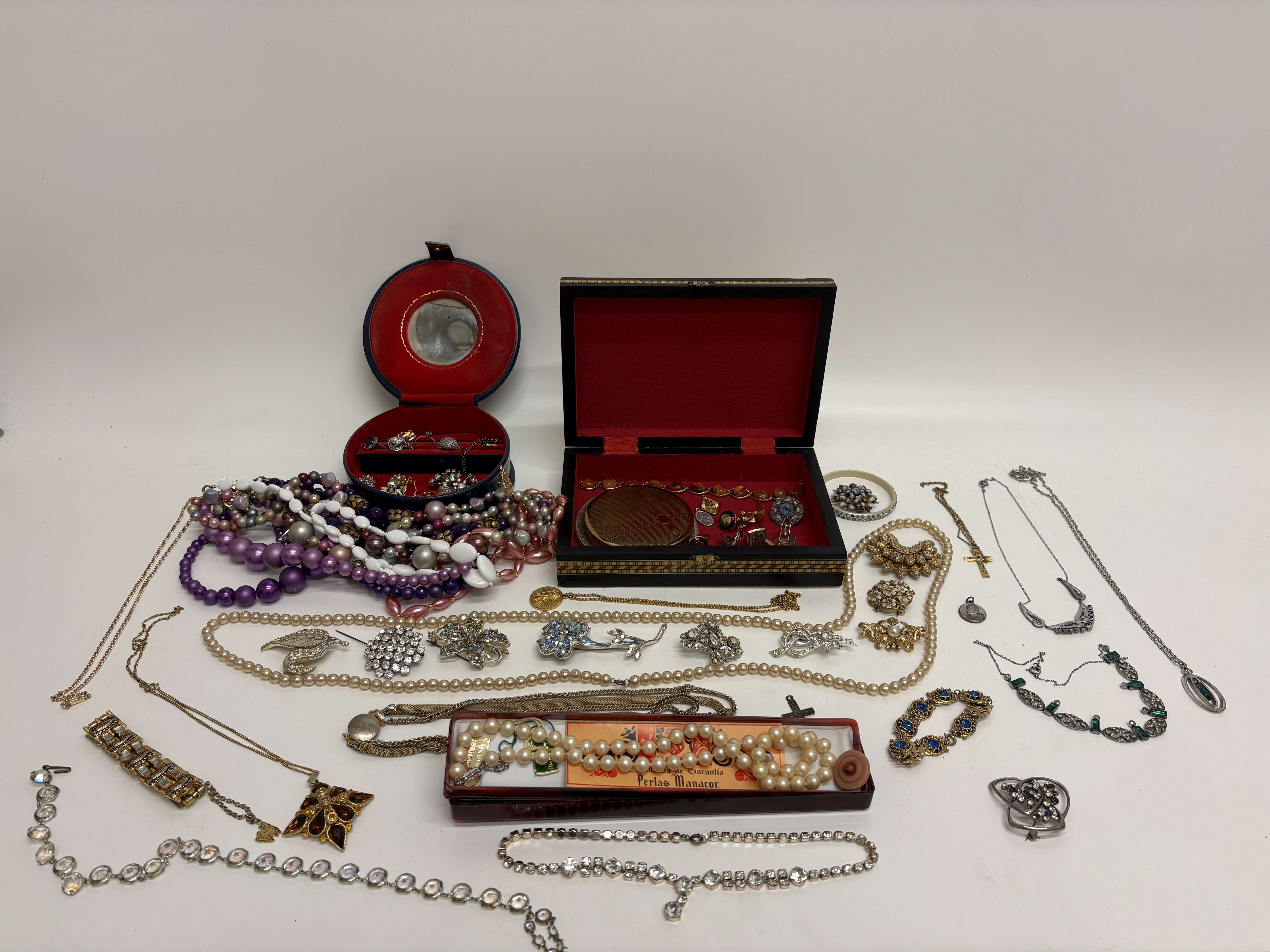 A Collection of Vintage Costume Jewellery and Personal Accessories including Two Decorative Boxes