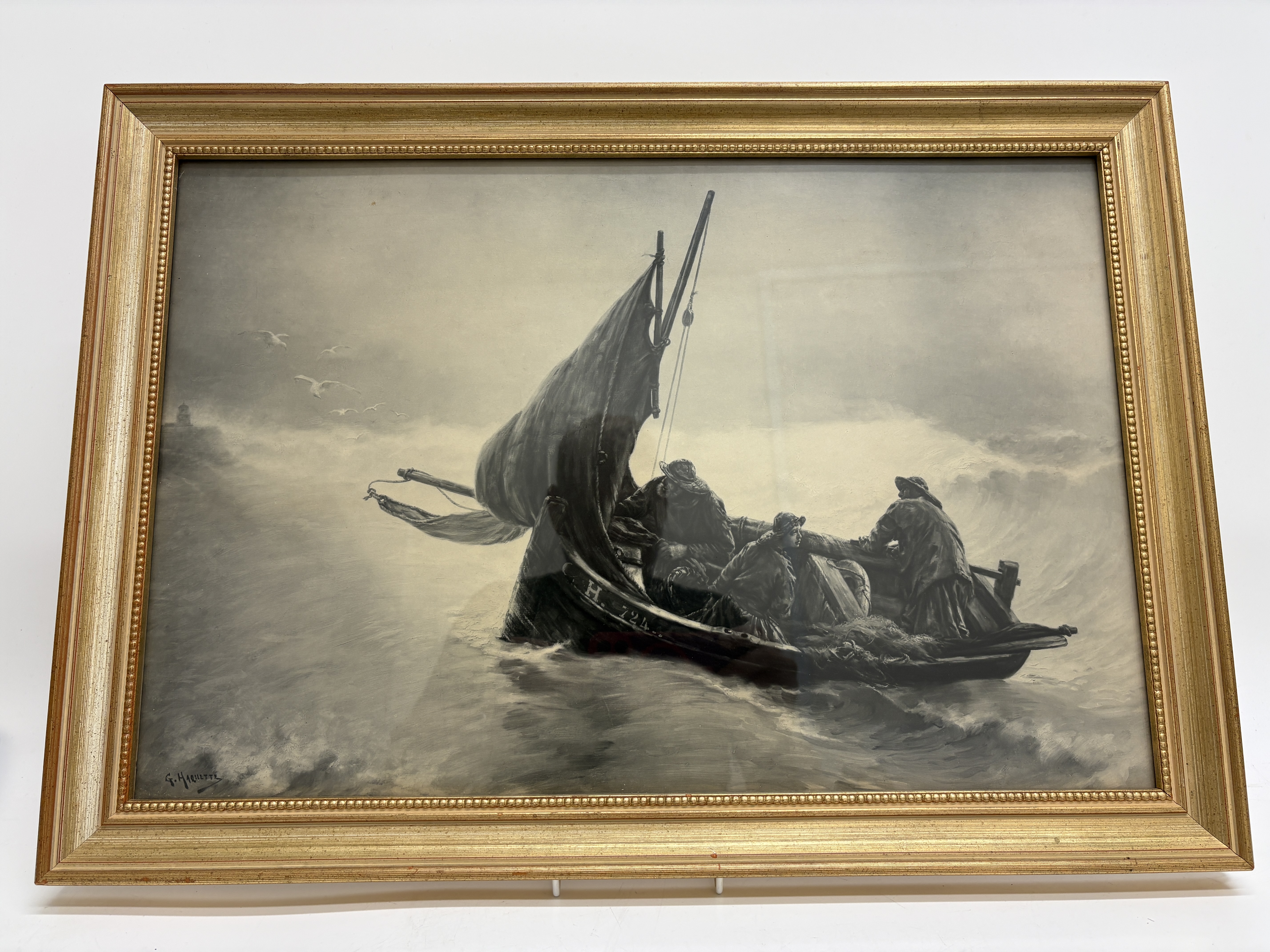 Gustave Hariquette, Maritime Drawing of a Fishing Boat in Rough Seas 41x57cm