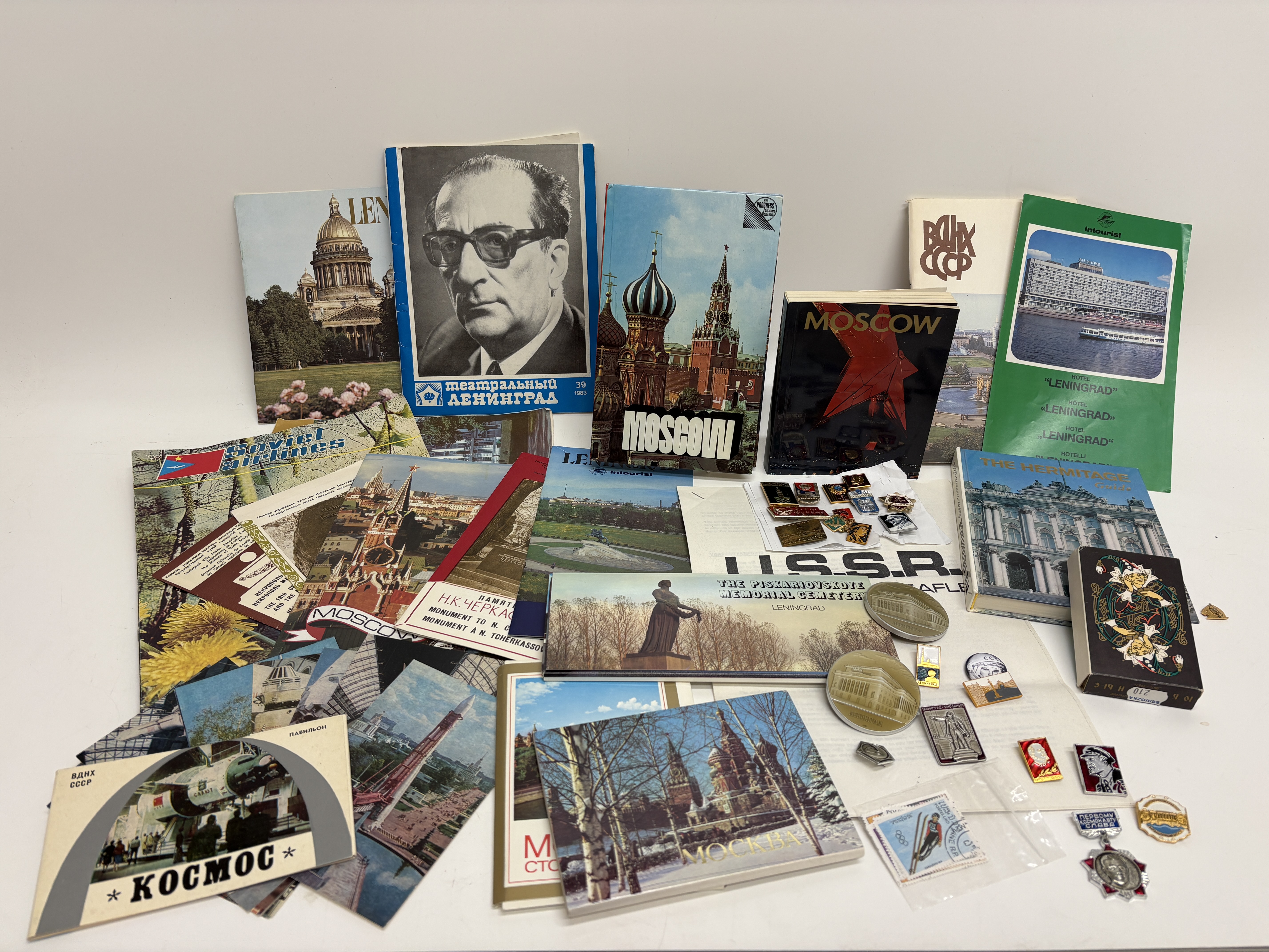 A Collection of Soviet Souvenirs and Travel Ephemera Including Space Race and 1980 Olympic Memorabilia