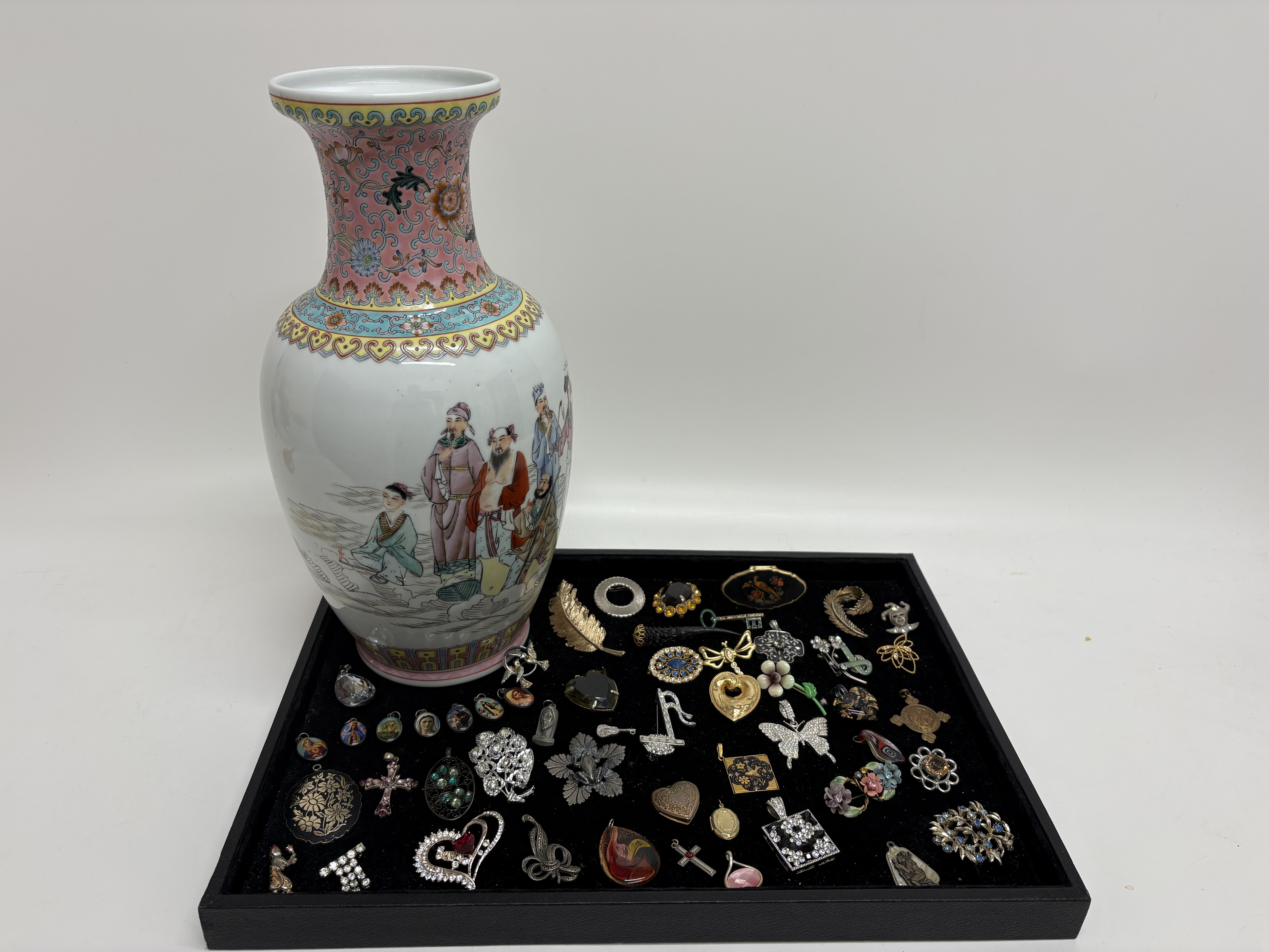 A Chinese Famille Rose Porcelain Vase and an Assortment of Costume Jewellery and Collectibles
