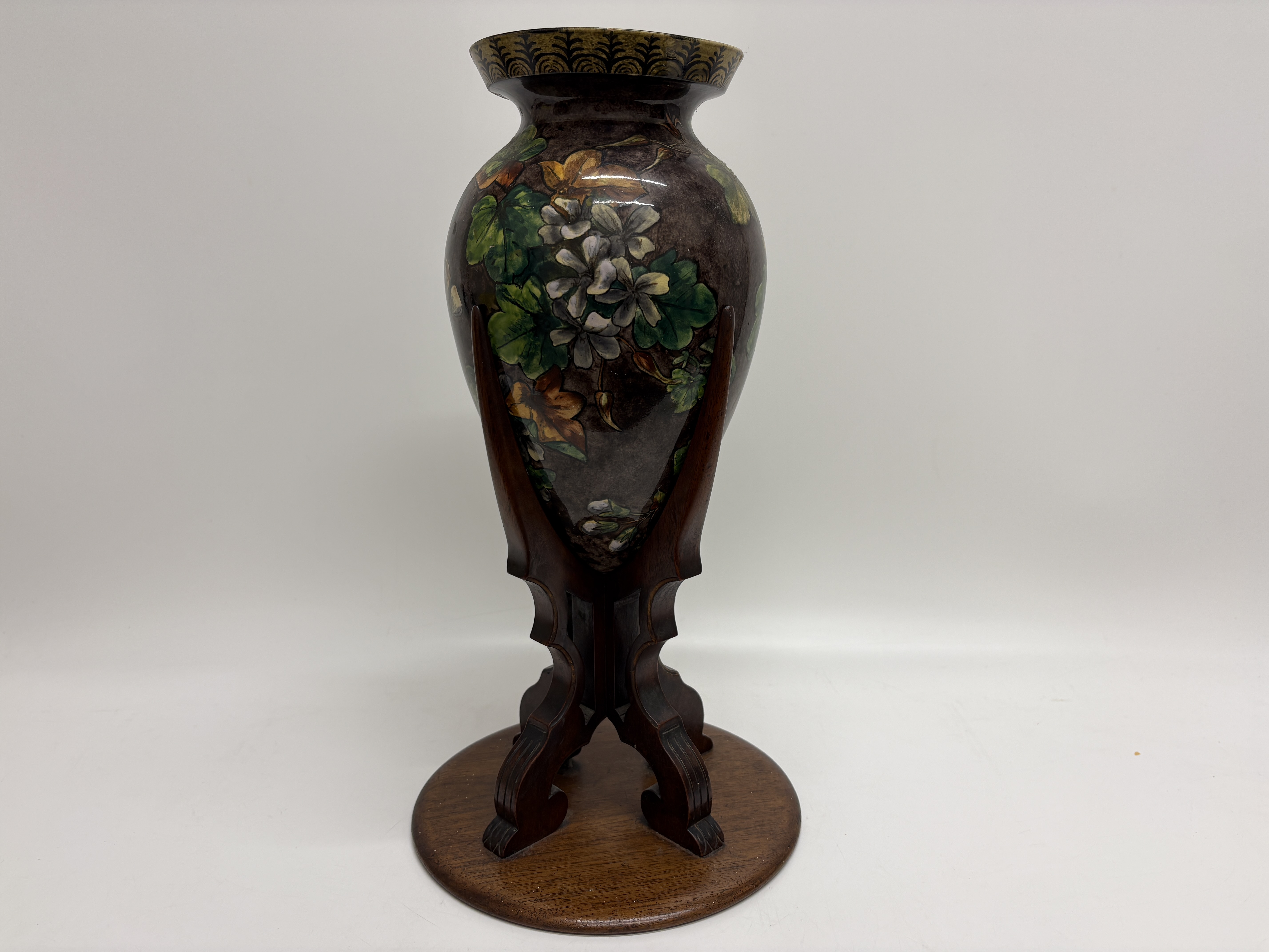 A French Style Barbotine Faience Vase on Stand 47cm