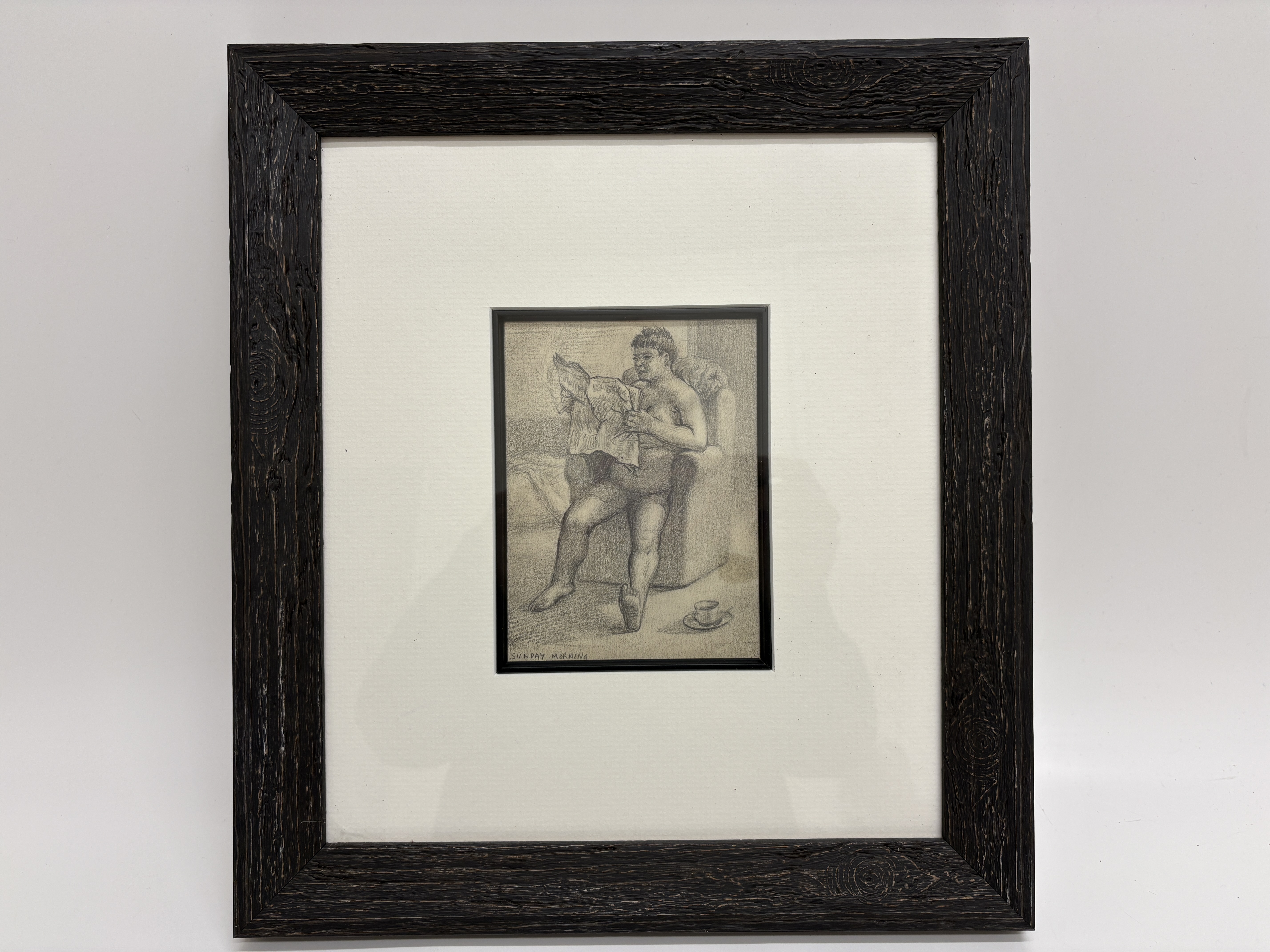 A 20th-century British School pencil drawing titled 'SUNDAY MORNING'