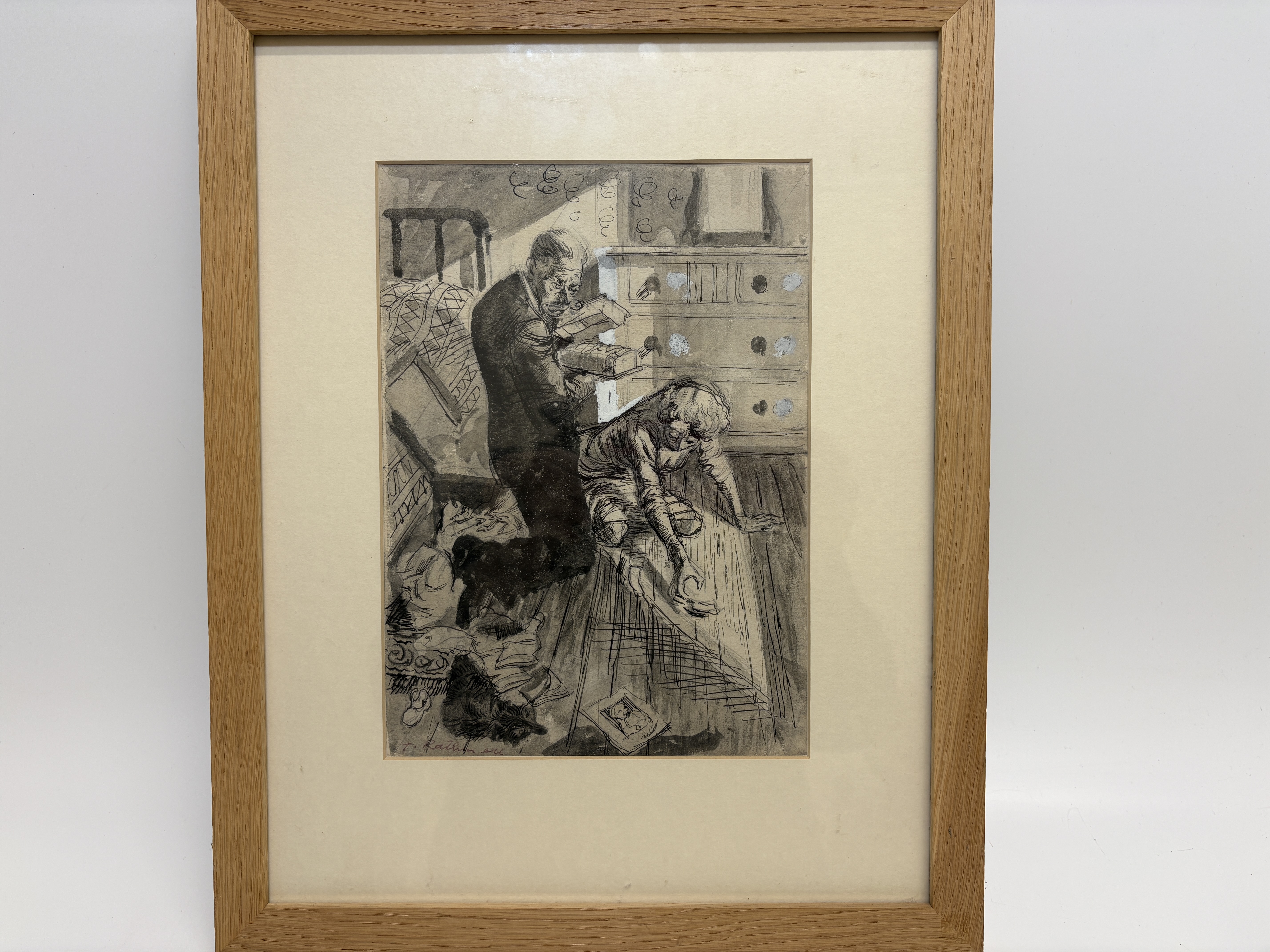 Thomas Rathmell On The Bedroom Floor Wash and Ink Drawing