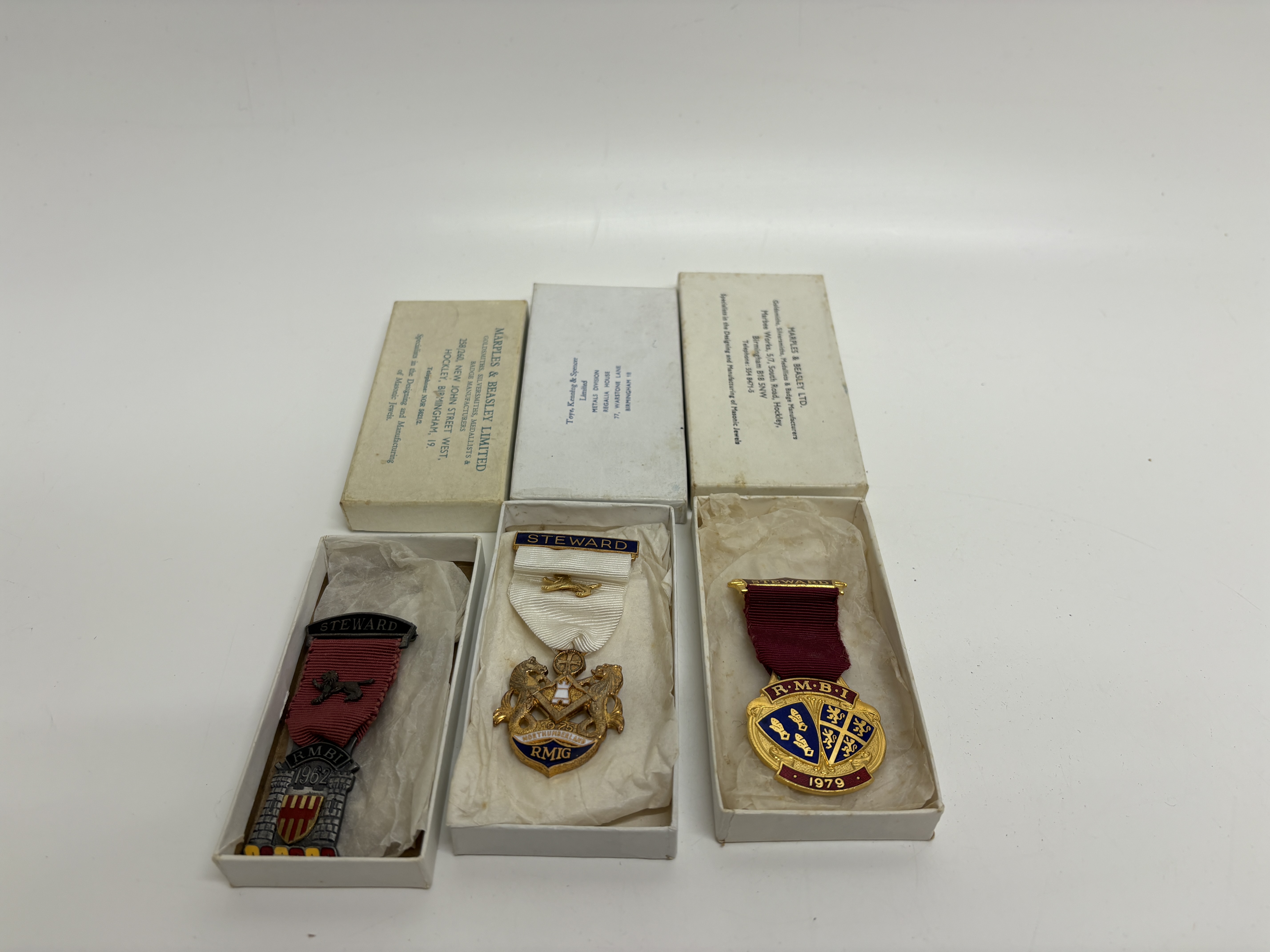 Three British Masonic Steward charity jewels, 1962, 1975 and 1979, by Marples & Beasley and Toye, Kenning & Spencer