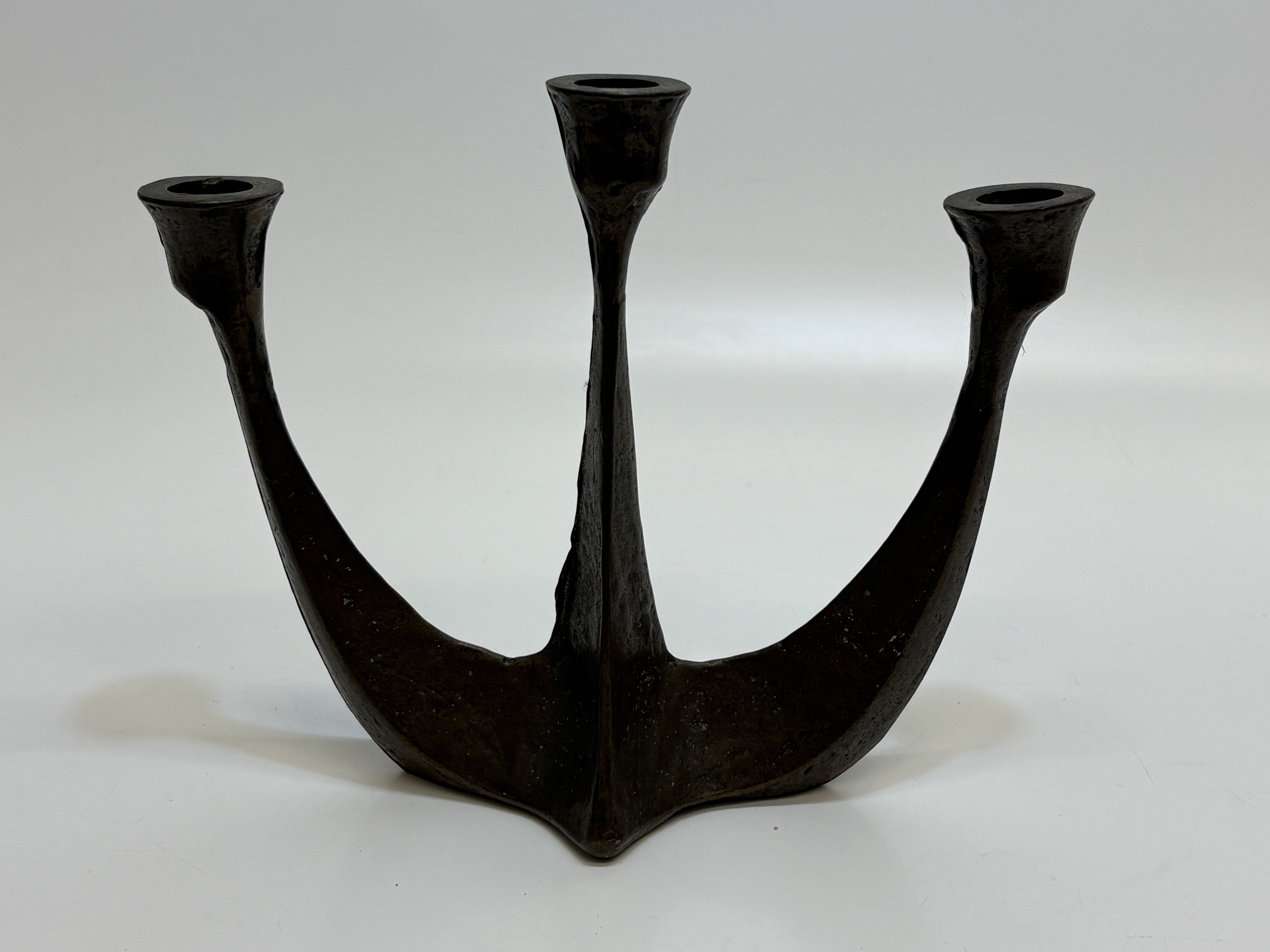A German Brutalist three-light cast metal candelabrum by E. Thelen Creation  18cm