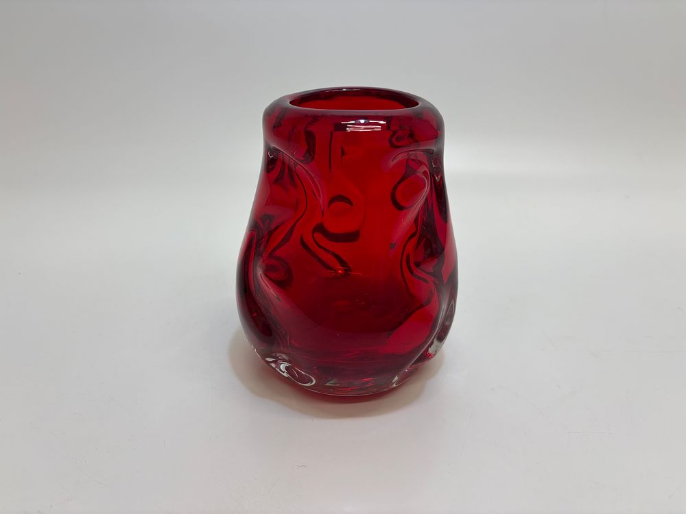 Lot 505: A mid-century hand-blown ruby red art glass vase with dimpled body 14cm tall
