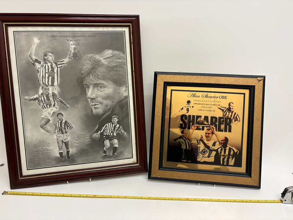 Lot 531: A Pair of Framed Newcastle United Commemorative Football Prints Including a Signed Alan Shearer Montage