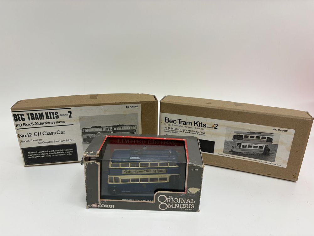 Lot 532: Three model transport items comprising two BEC white metal tram kits and a Corgi Original Omnibus trolleybus