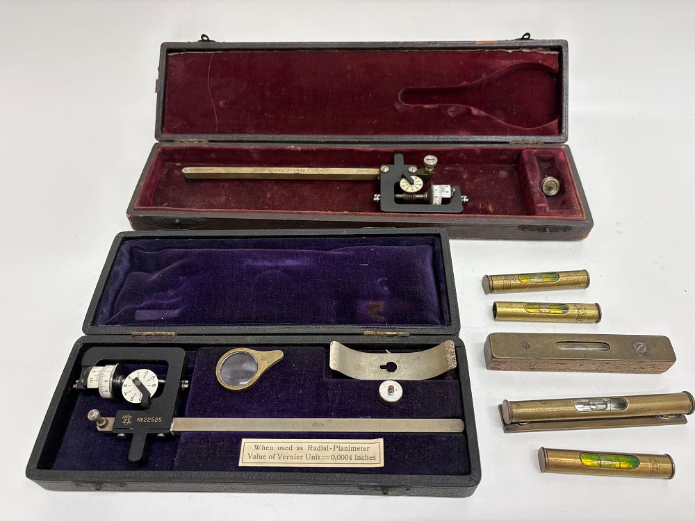 Lot 561: A Collection of Allbrit and Arkon Radial Planimeters and Rabone Brass Spirit Levels