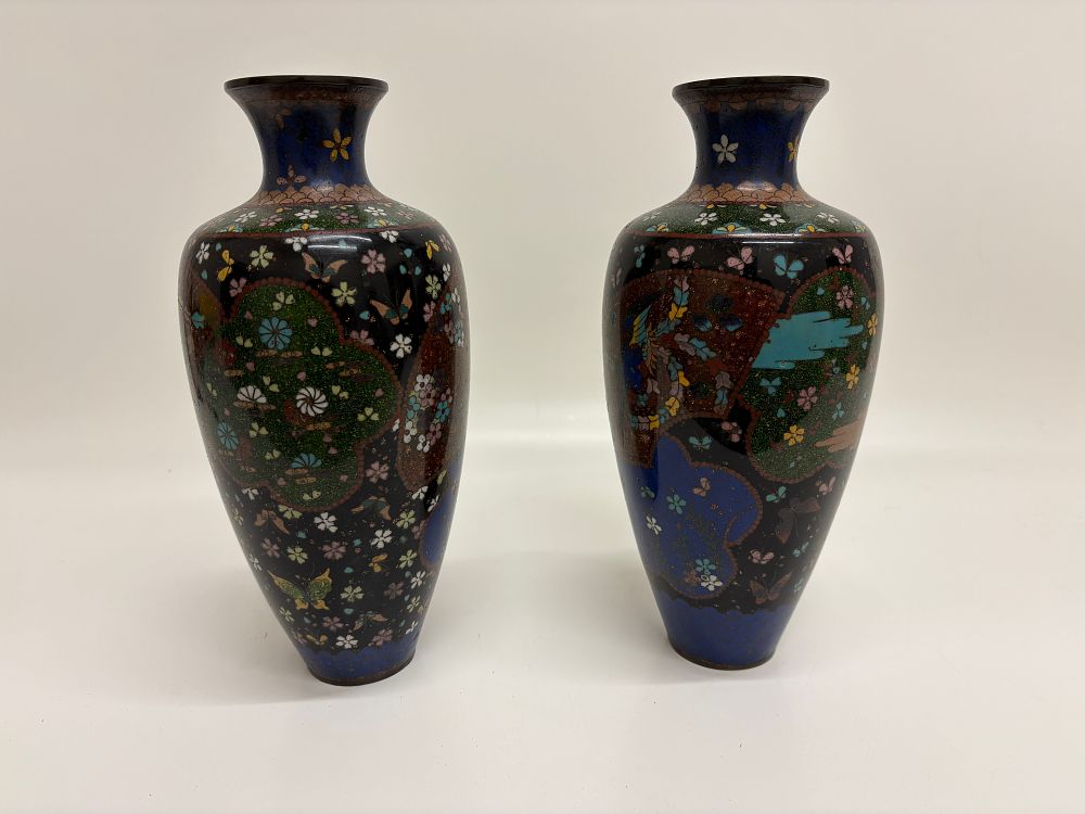 Lot 593: A pair of Japanese cloisonne enamel thousand butterfly vases late Meiji period 27cm Tall