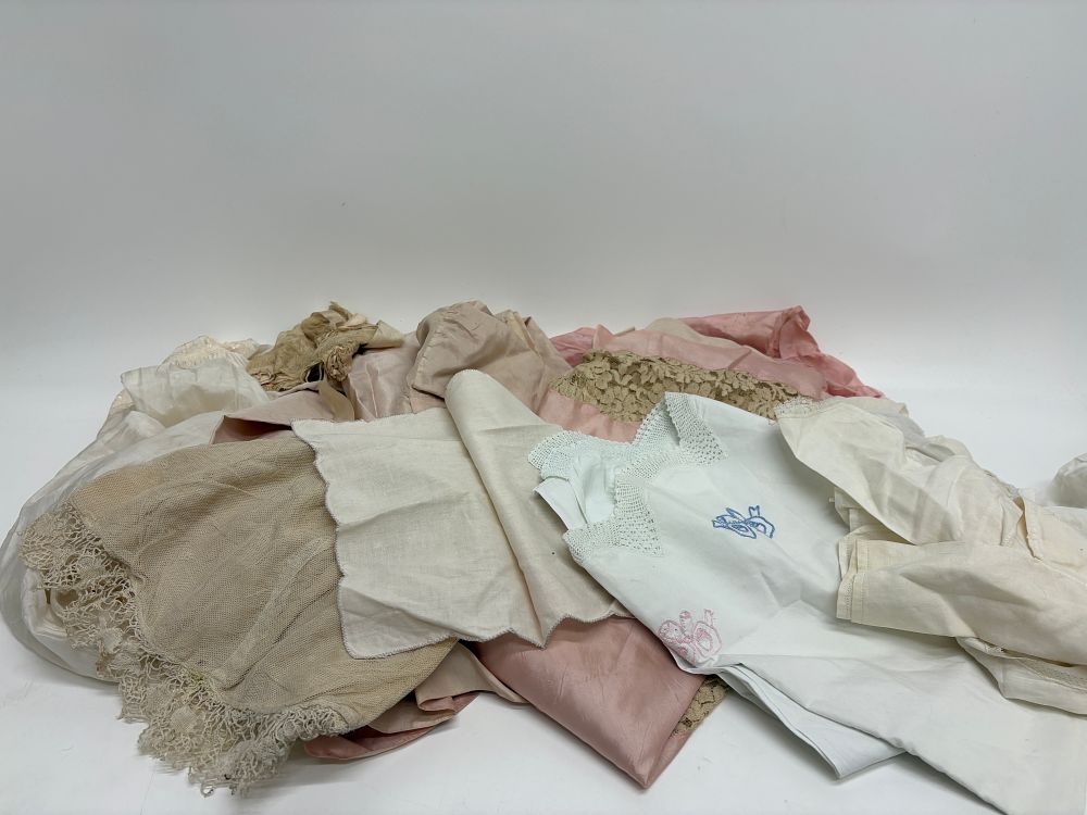 Lot 667: A collection of antique and vintage white-work undergarments, linens, and silk lingerie