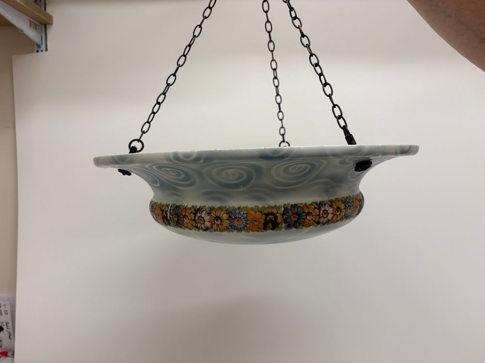 Lot 671: Art Deco moulded frosted glass hanging flycatcher light shade with floral transfer decoration and three-chain suspension