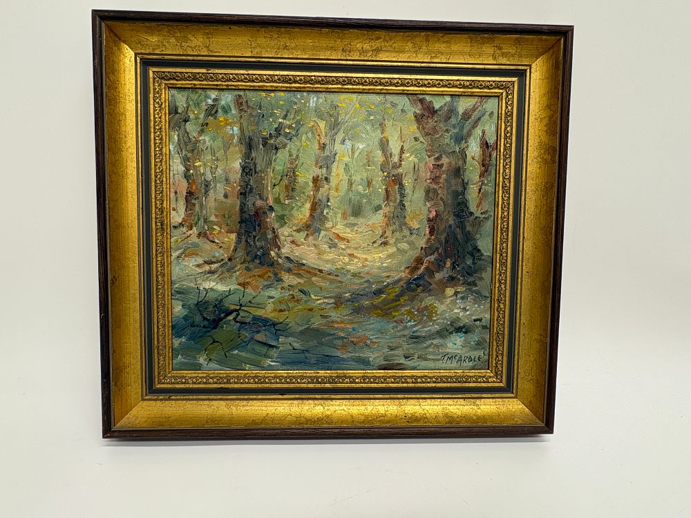 Lot 79: T McArdle, Woodland Interior, Oil on Canvas . Frame 45x40cm, picture 34x29cm
