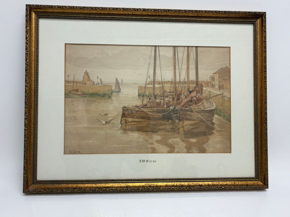 Lot 80: J.W. Gilroy Harbour Scene Watercolour. Frame 70x52cm , picture 49x32cm