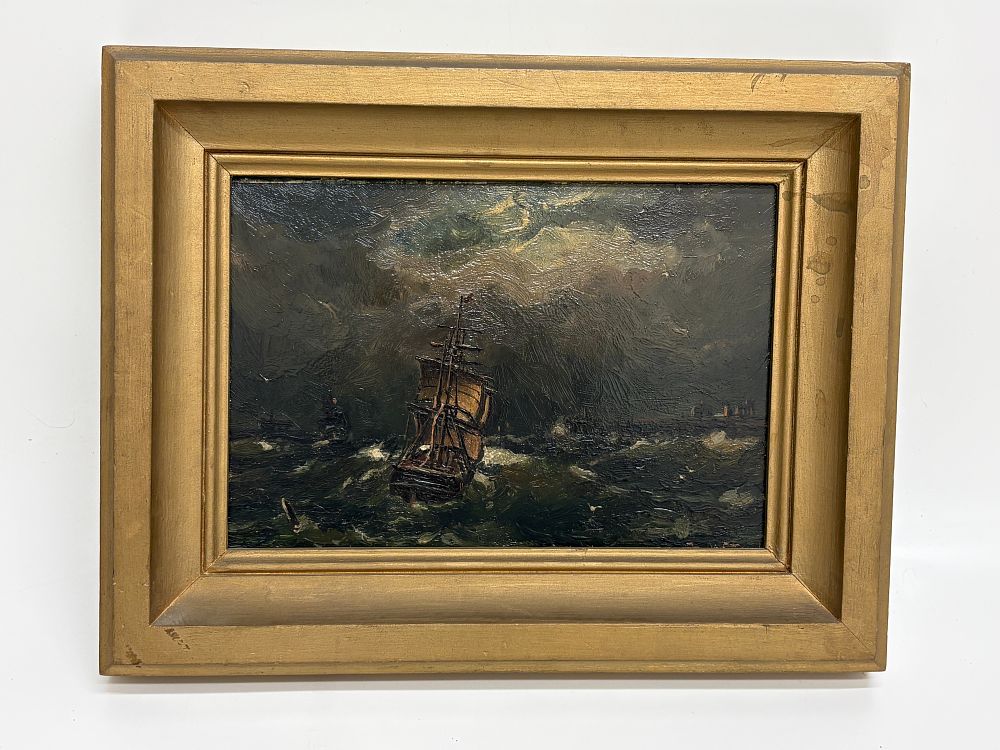 Lot 82: Duncan Fraser McLea (1841-1916) Running for the Tyne - Stormy Weather Oil on Board. Frame 34x26 ,picture 23x16