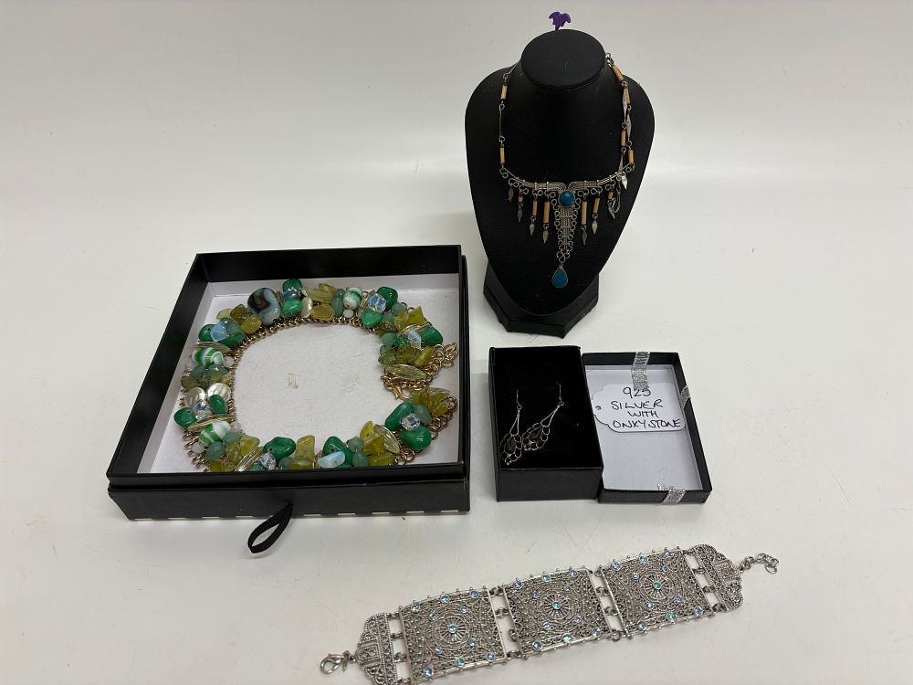 Lot 694: A Collection of Jewellery including Beaded Necklaces, a Filigree Panel Bracelet, and Stone Set Earrings