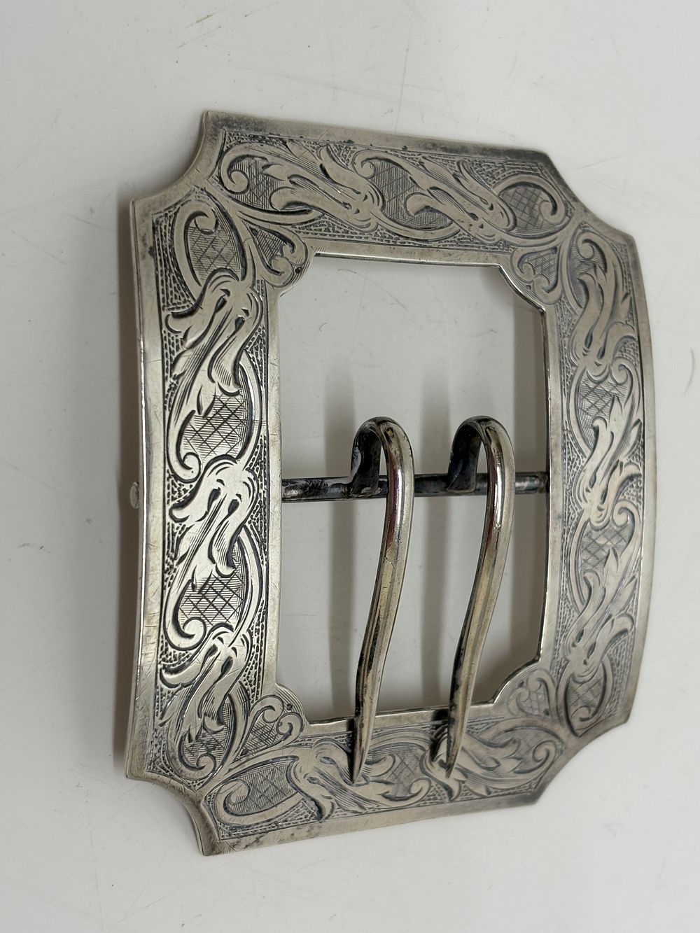 Lot 91: Antique Sterling Silver Hand Engraved Double Prong Belt Buckle Circa 49g gross