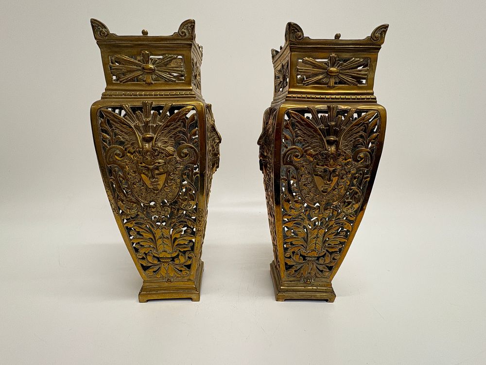 Lot 723: A Pair of Late 19th early 20th Century Neoclassical Style Pierced Brass Vases 28cm Tall