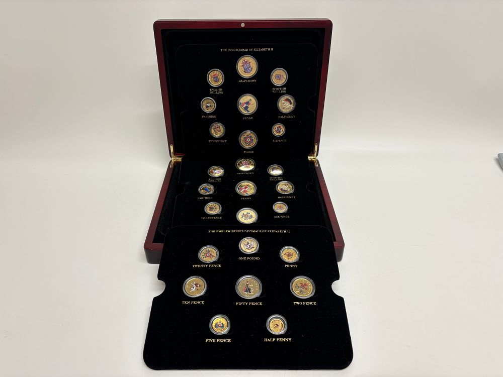Lot 50J: A Collection of UK Gilded and Enamelled Coins in a Wooden Presentation Case