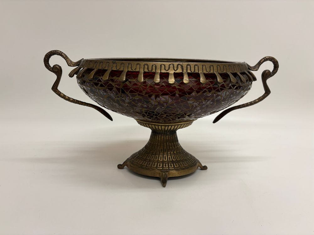 Lot 505: A Twin-Handled Pedestal Centre Bowl with Red Mosaic Glass Body and Cast Metal Mounts