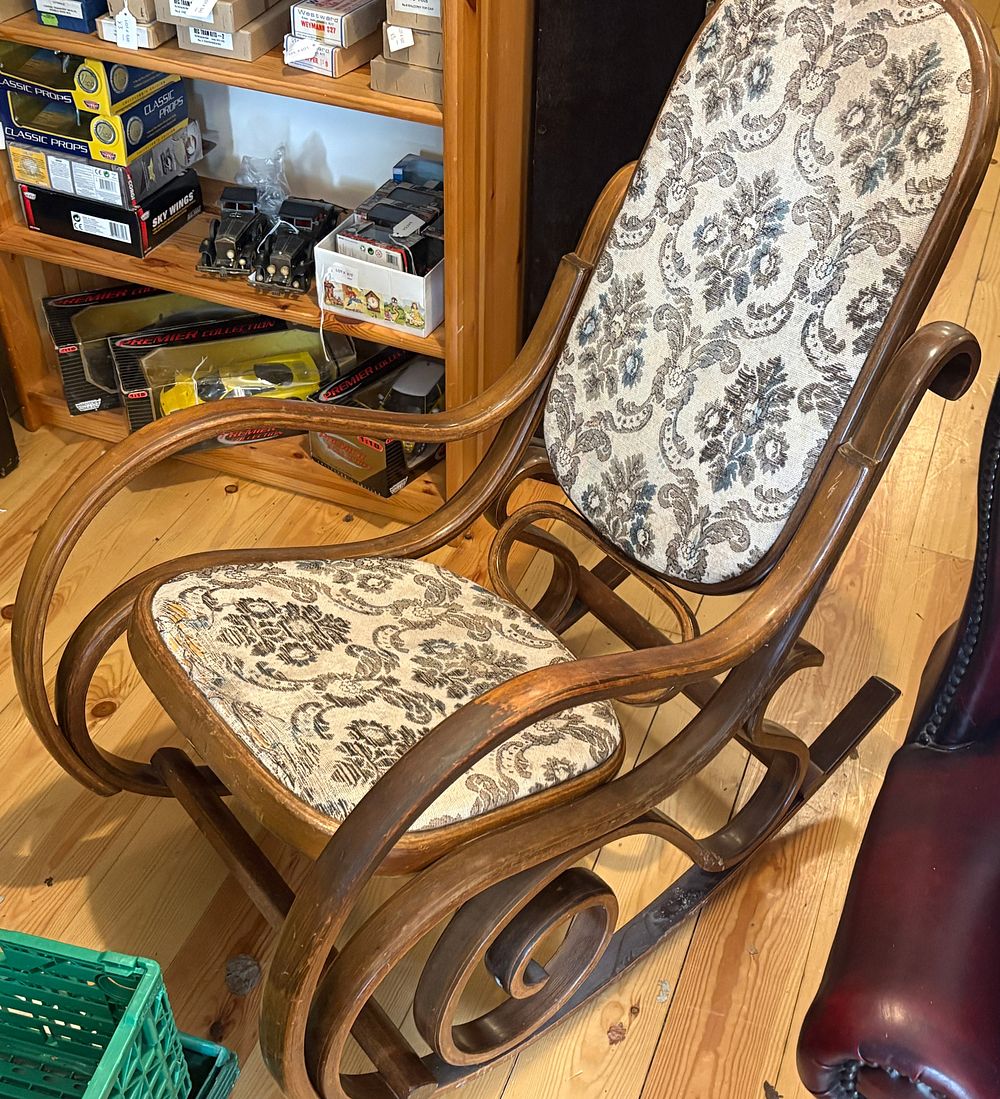 Lot 758: Bentwood rocking chair with tapestry foliate upholstery