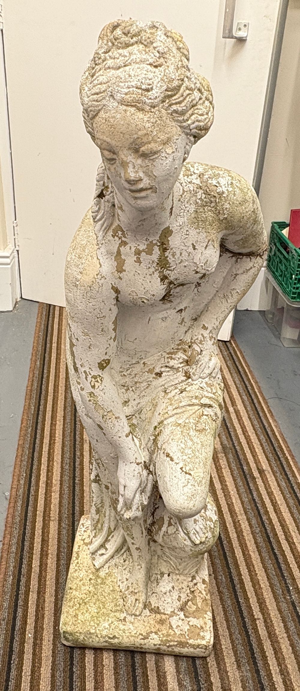 Lot 718: A weathered cast stone garden statue of a partially draped classical female figure 3ft