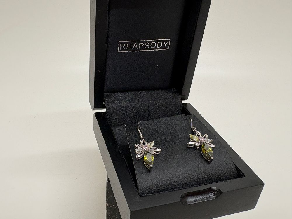 Lot 44: A pair of Rhapsody 9 carat white gold and multi-coloured cubic zirconia floral drop earrings circa 4.3g gross