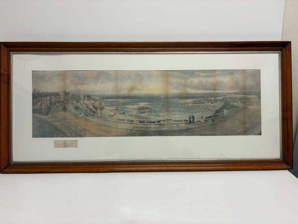 Lot 78: John Falconer Slater (British, 1857-1937) Panoramic View of Cullercoats Bay, 1905 .frame 102x44cm , picture 97x28cm