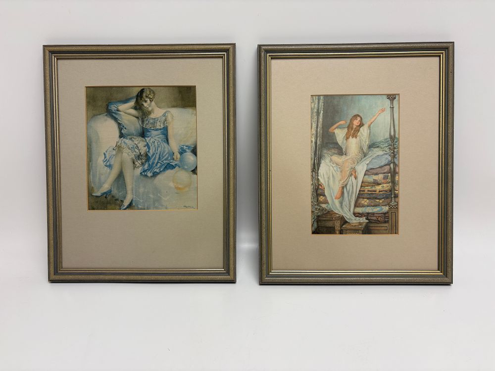 Lot 642: A pair of H. Webster illustrative prints of a seated lady and the Princess and the Pea