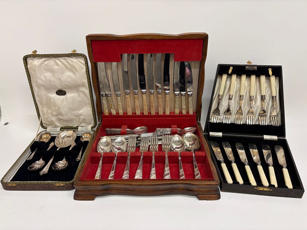 Lot 612: A Trio of Cased Flatware Services to include a Schofields of Sheffield Canteen