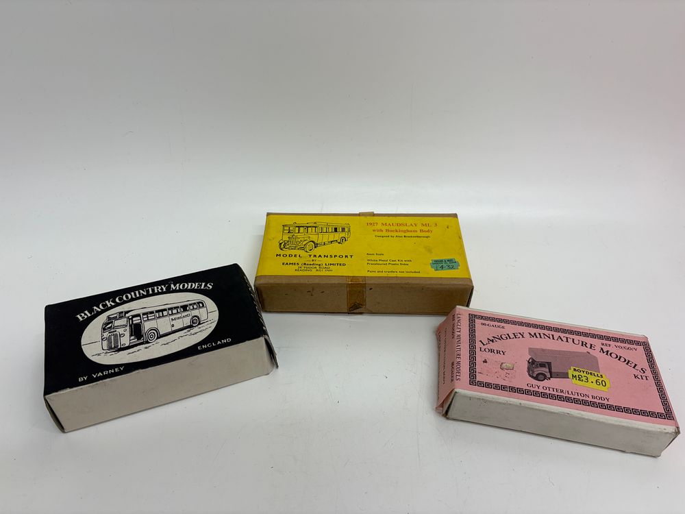Lot 539: Three vintage white metal transport model vehicle kits by Black Country Models, Eames, and Langley Miniature Models