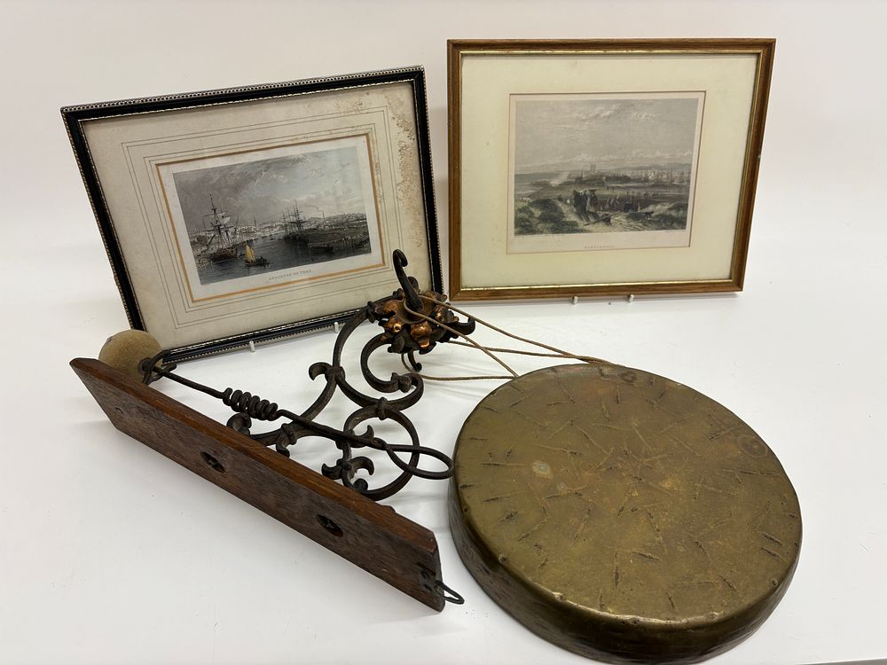 Lot 536: A Trio comprising two framed hand-coloured steel engravings by T. Allom and E. Finden, and a wall-mounted brass gong