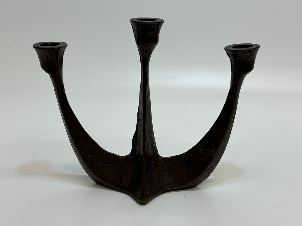 Lot 386: A German Brutalist three-light cast metal candelabrum by E. Thelen Creation 18cm